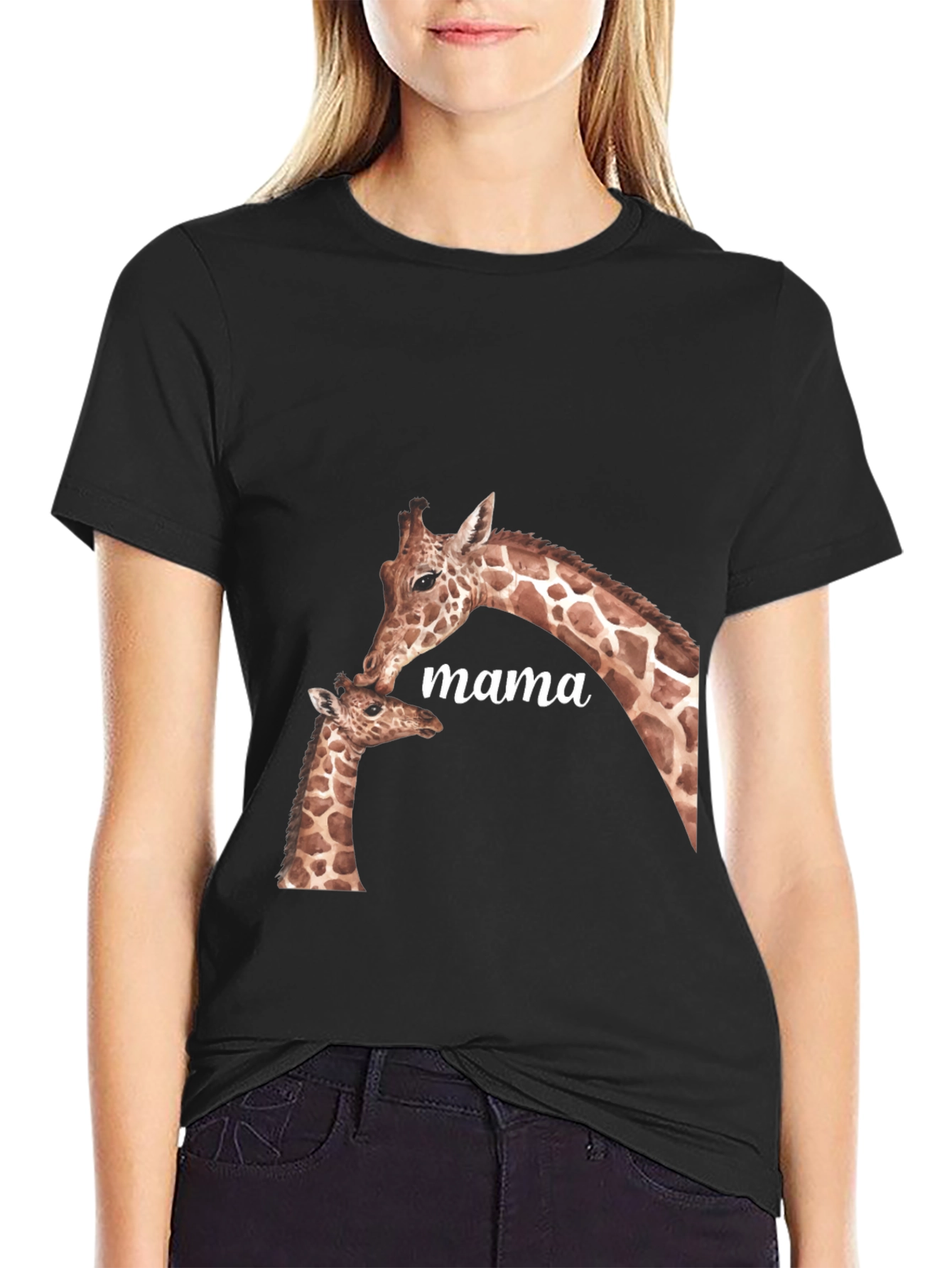 Mama Giraffe Graphic Tee - Soft Black T-Shirt