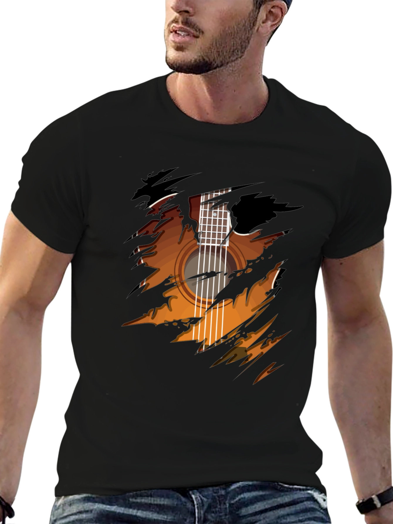 Guitar Ripped Graphic Tee - Cool Musician Shirt