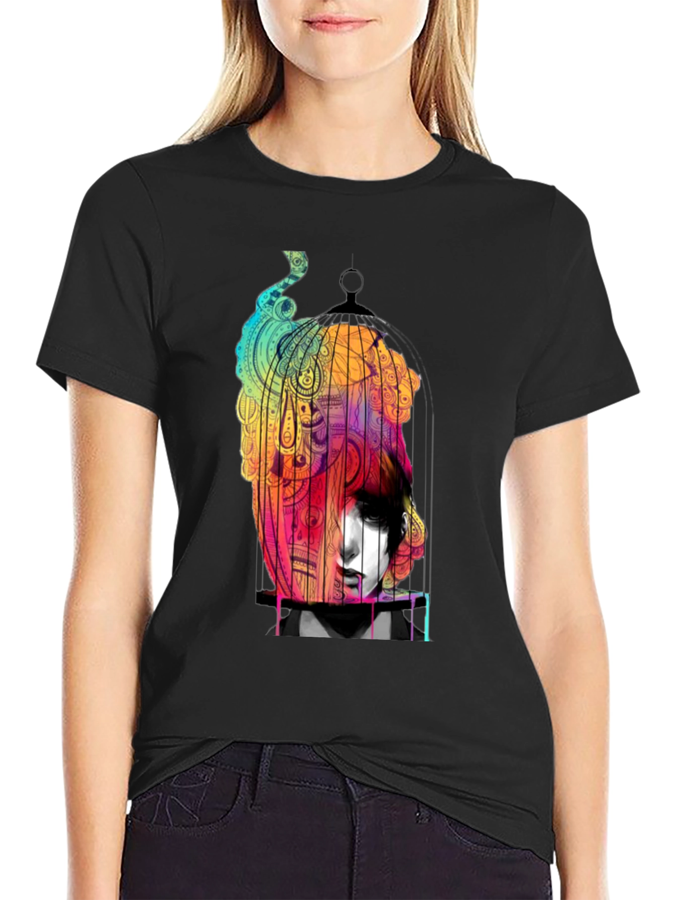 Artistic Caged Soul Black Graphic T-Shirt