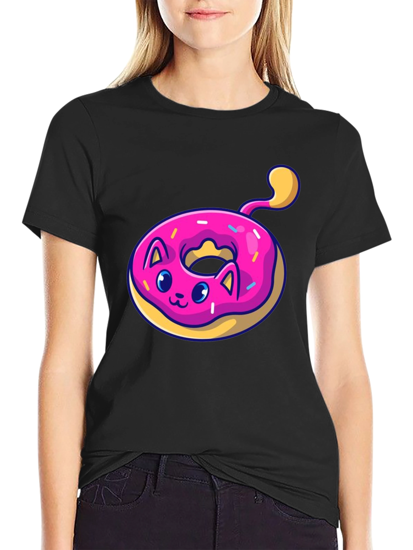 Cat Donut T-Shirt: Cute & Playful Black Tee