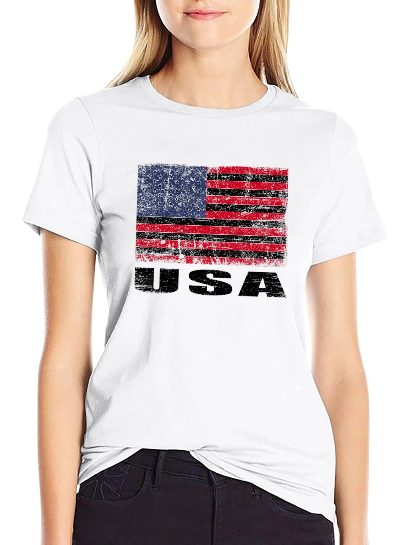 Distressed USA Flag Graphic Tee - Black