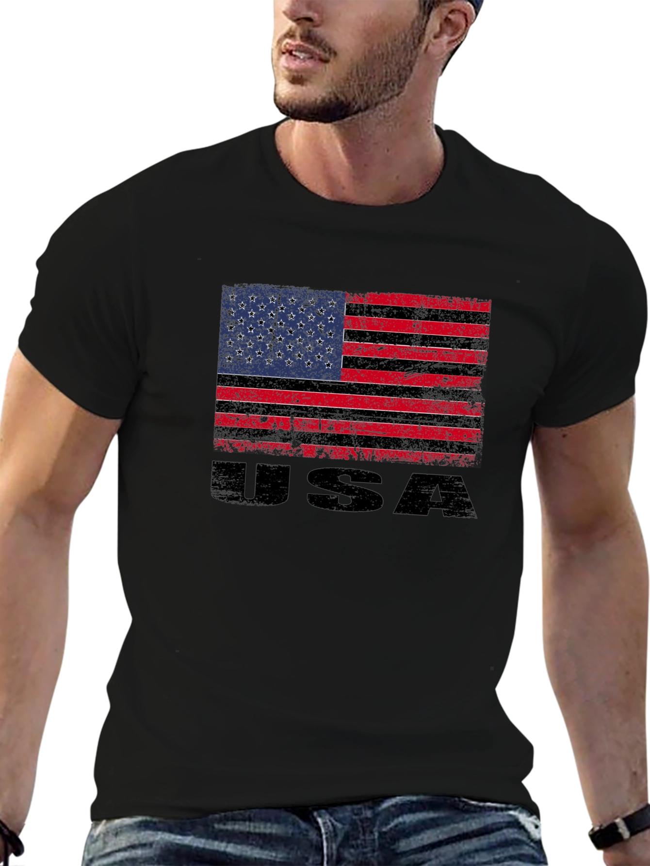 Distressed USA Flag Graphic Tee - Black