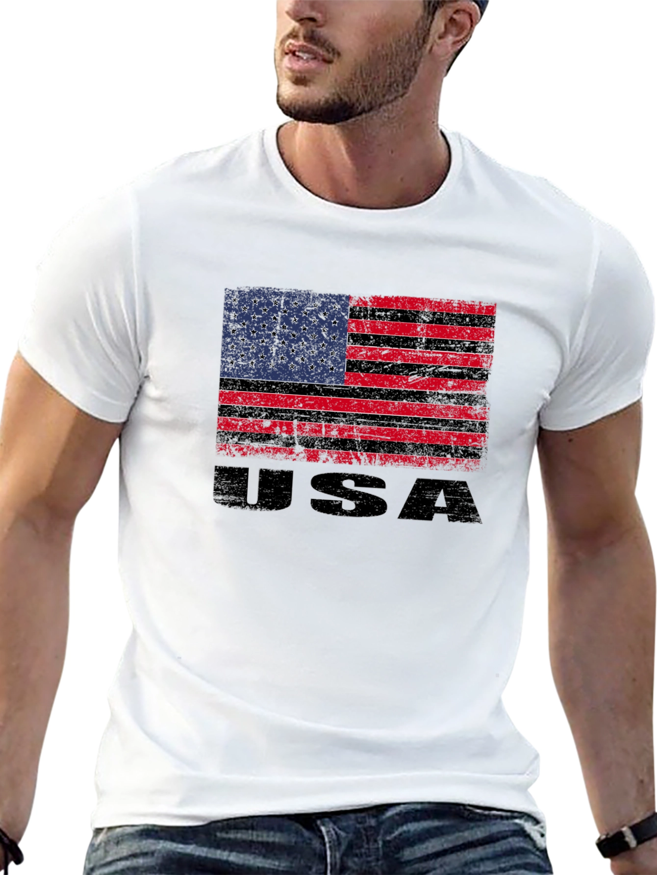 Distressed USA Flag Graphic Tee - Black