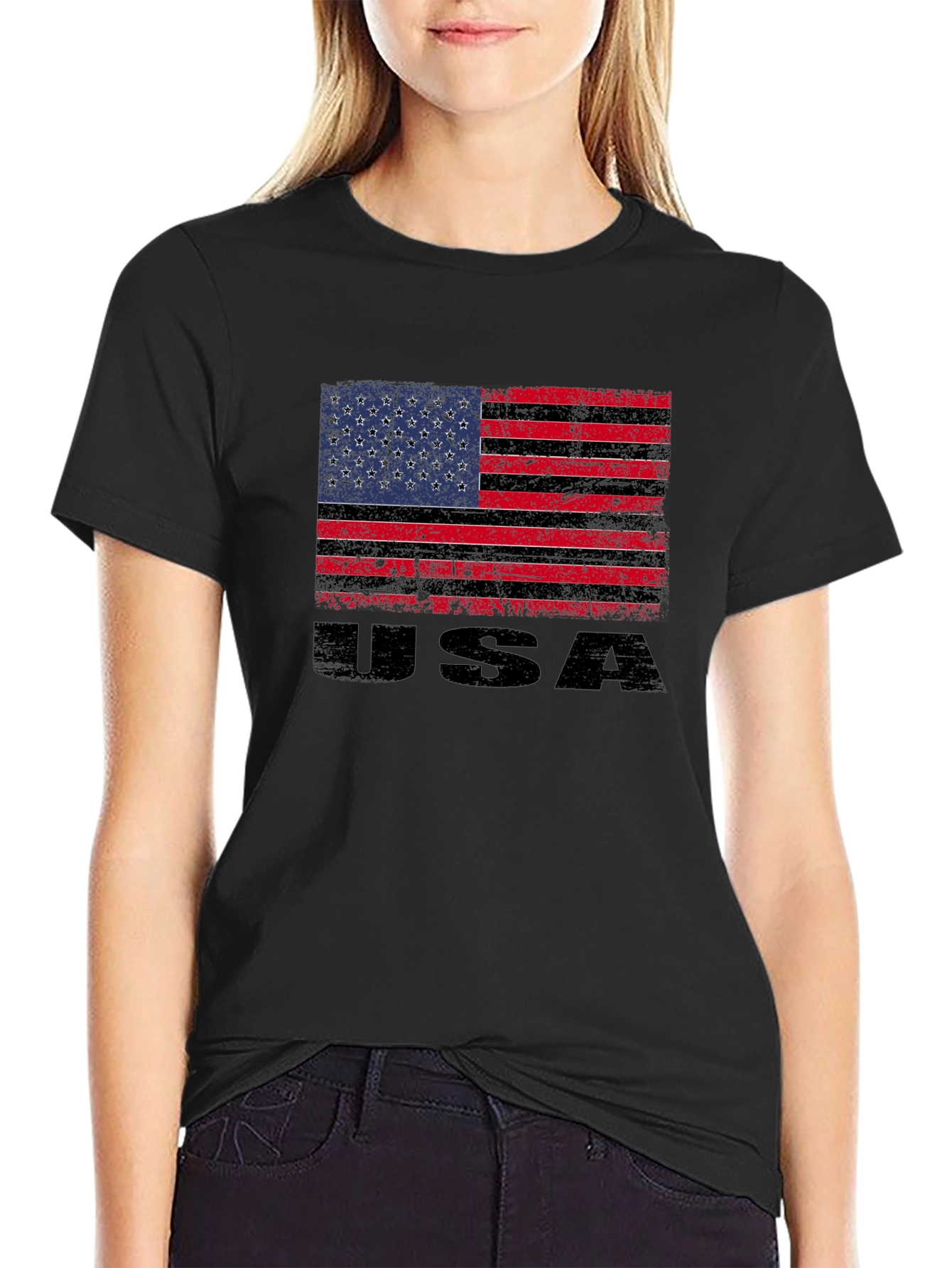 Distressed USA Flag Graphic Tee - Black