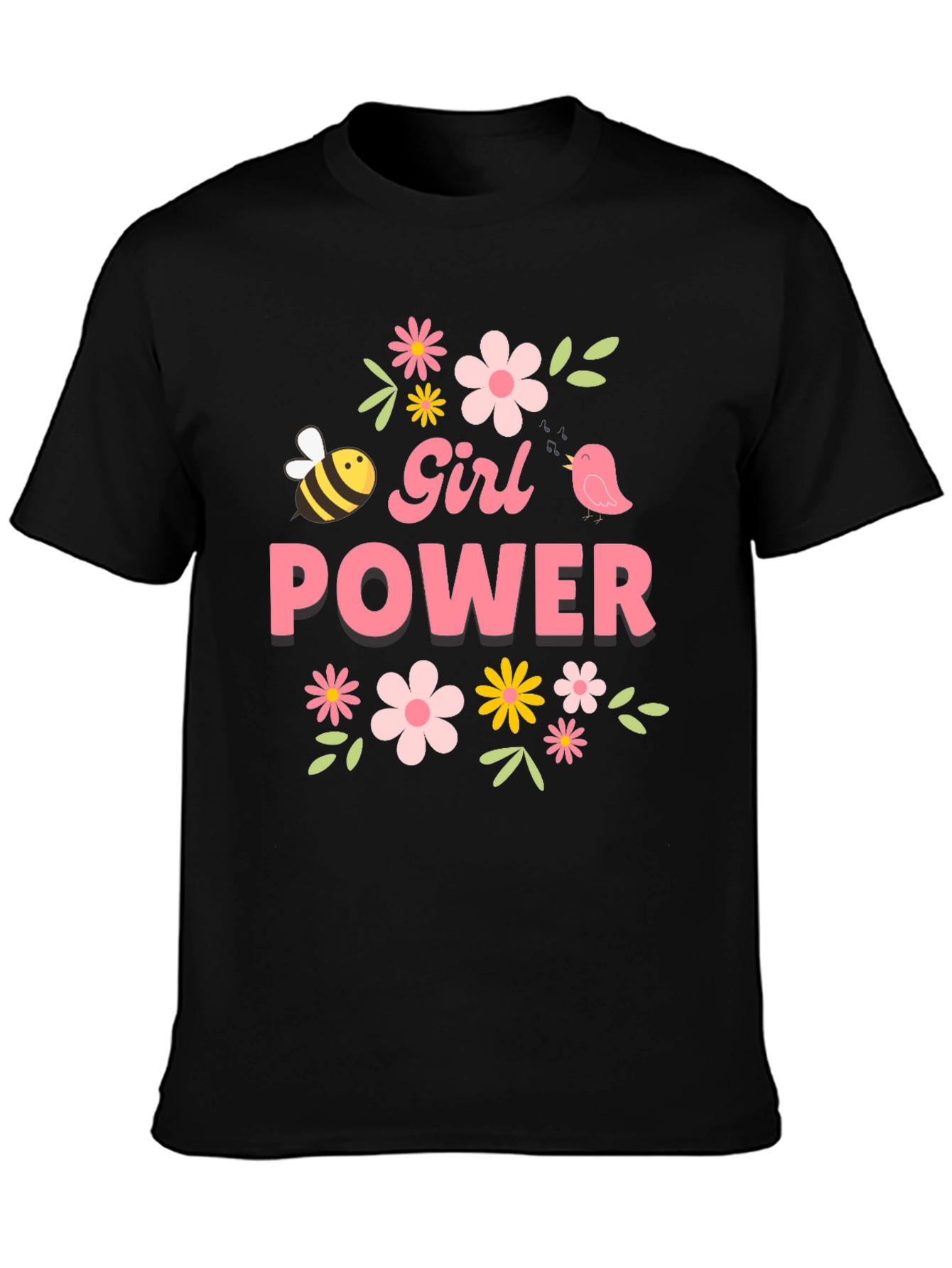 Girl Power Floral Graphic Tee - Black Cotton