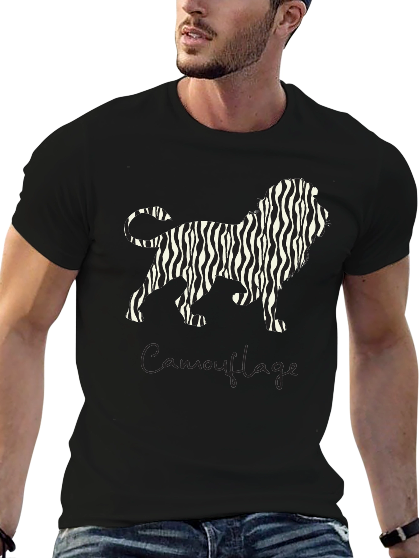 Zebra Striped Lion Graphic T-Shirt