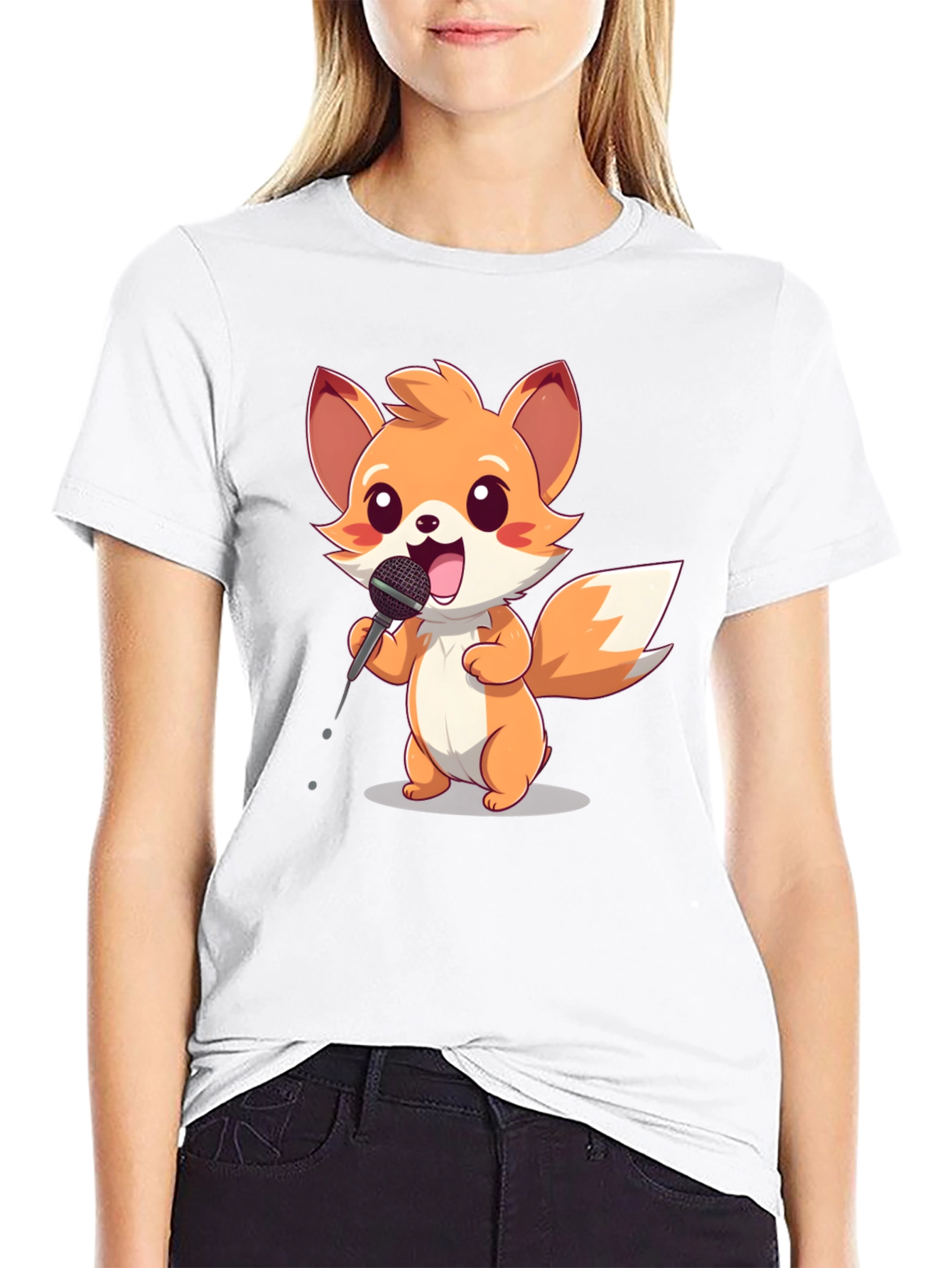 Cartoon Fox Singer Black T-Shirt