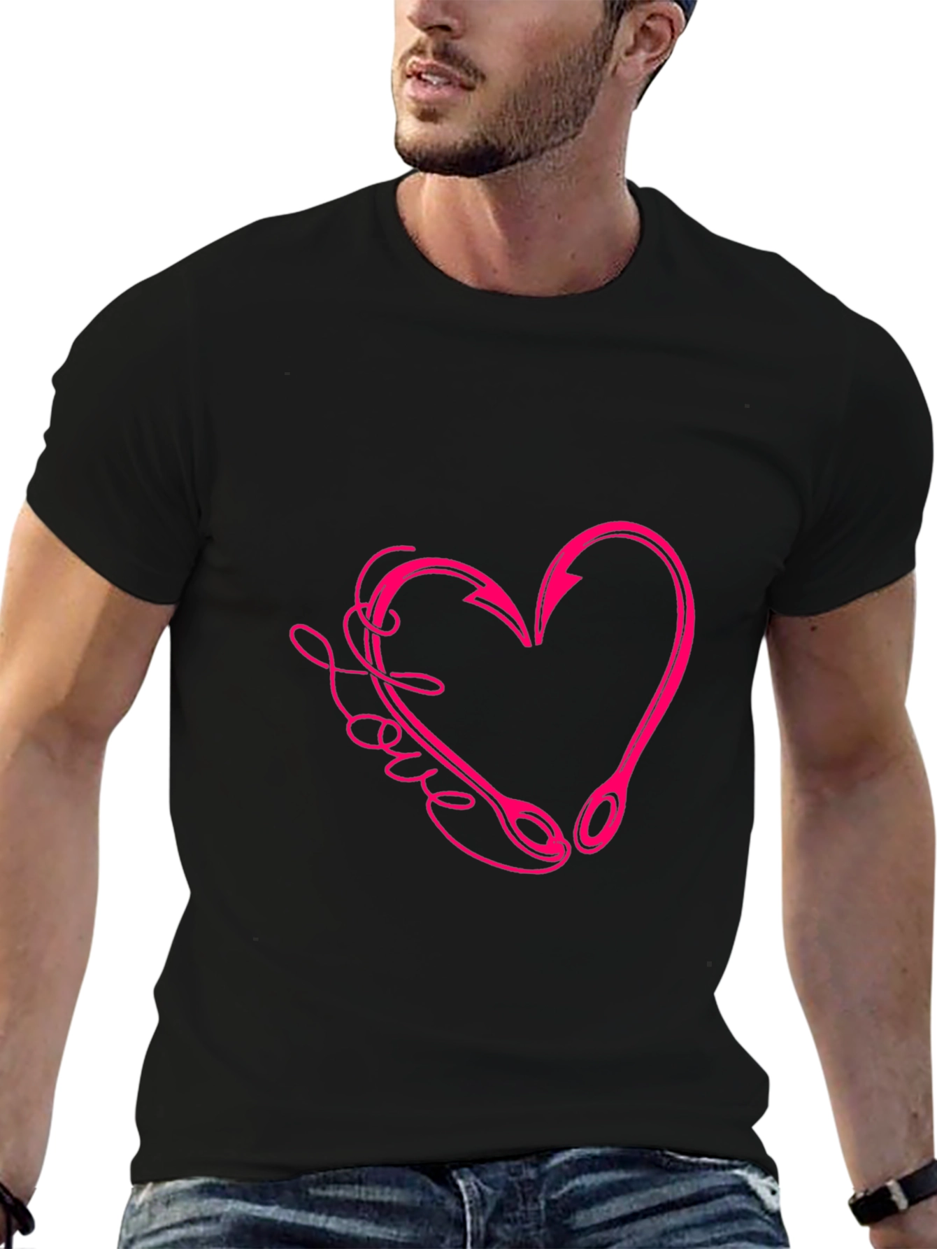 Love Fishing Hook Heart Tee - Black Cotton T-Shirt