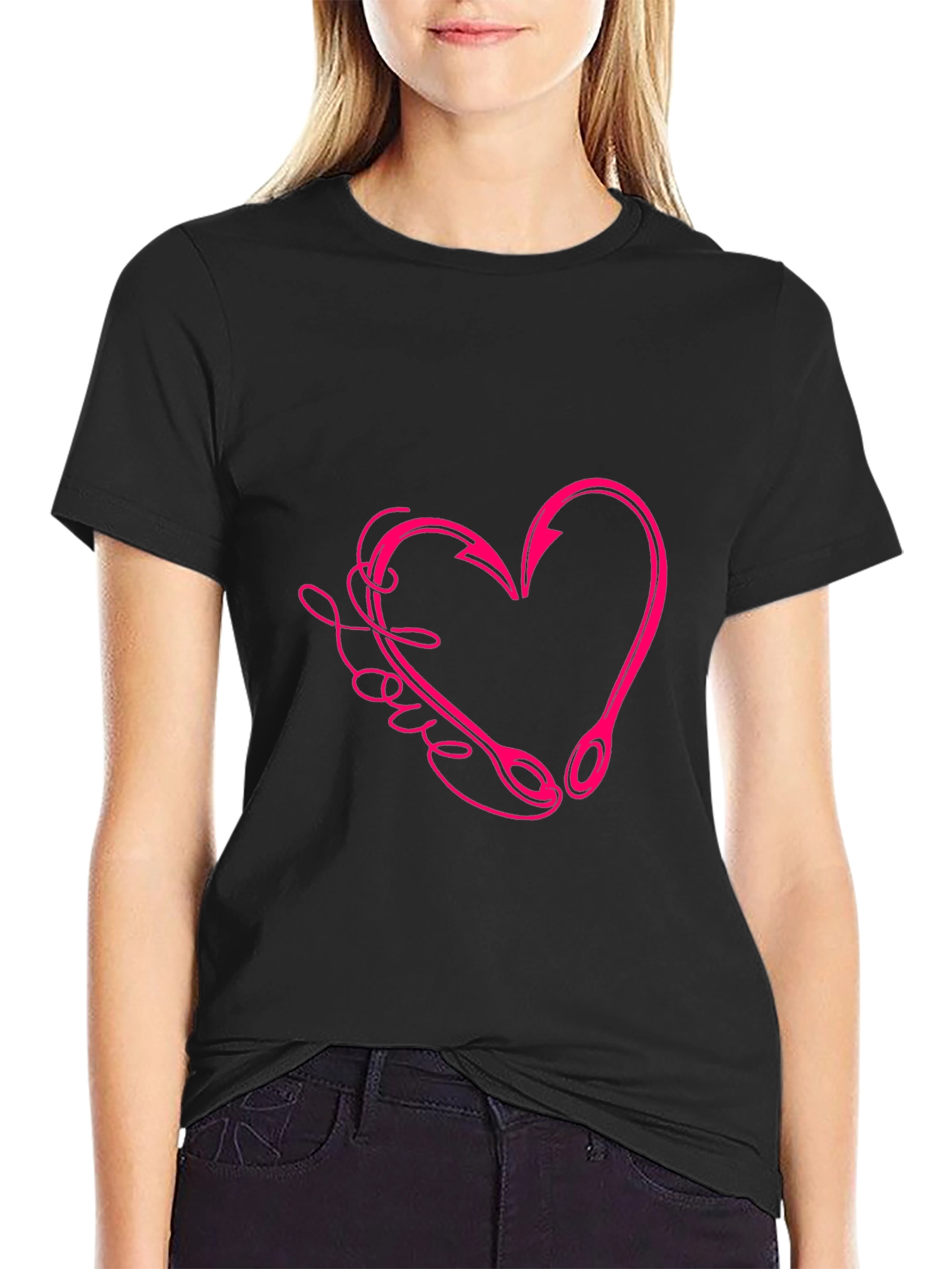 Love Fishing Hook Heart Tee - Black Cotton T-Shirt