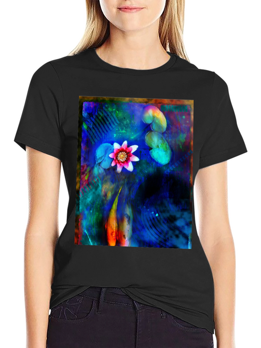 Artistic Lotus Pond Graphic T-Shirt - Black