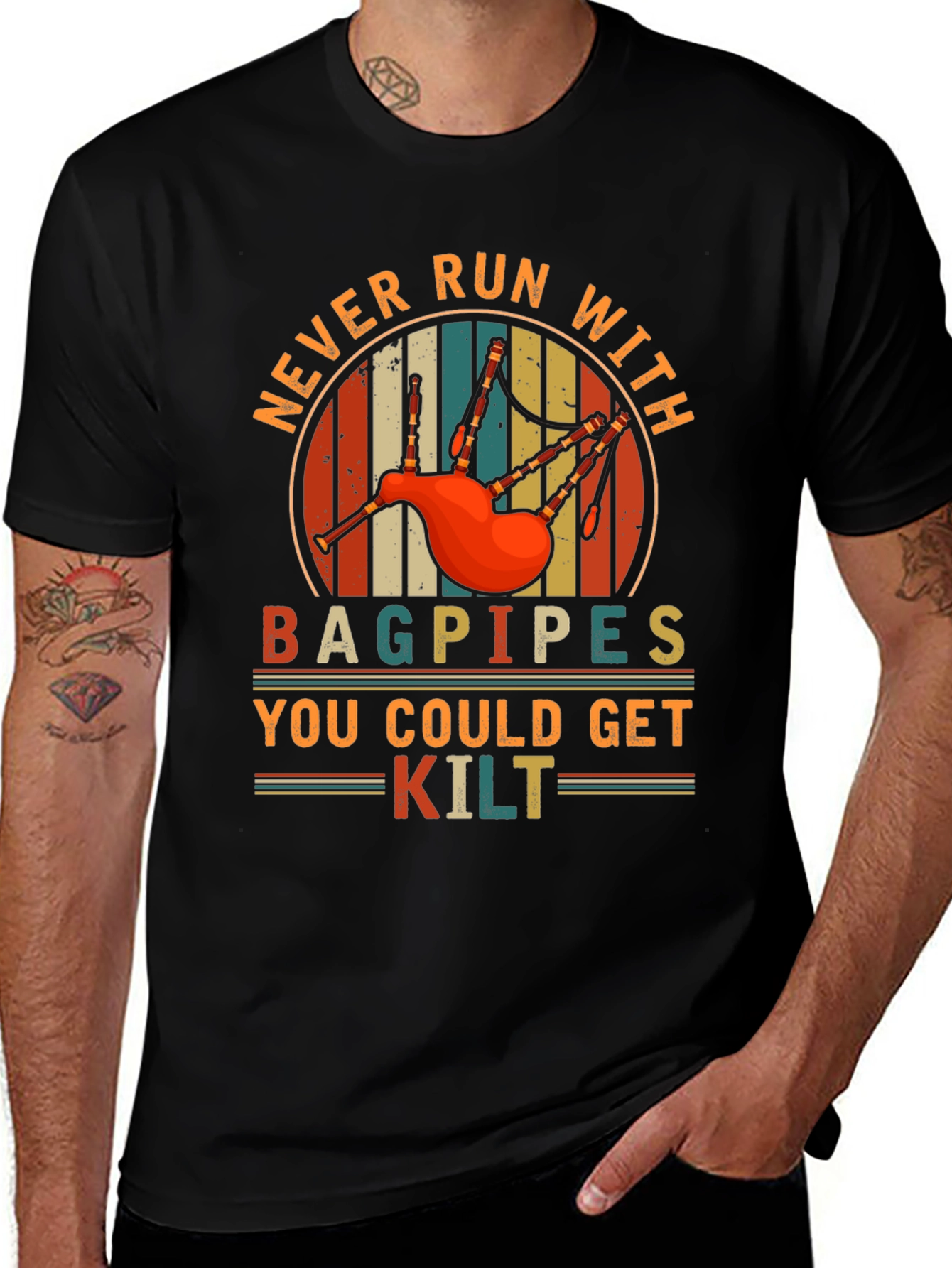 Never Run With Bagpipes Graphic Tee