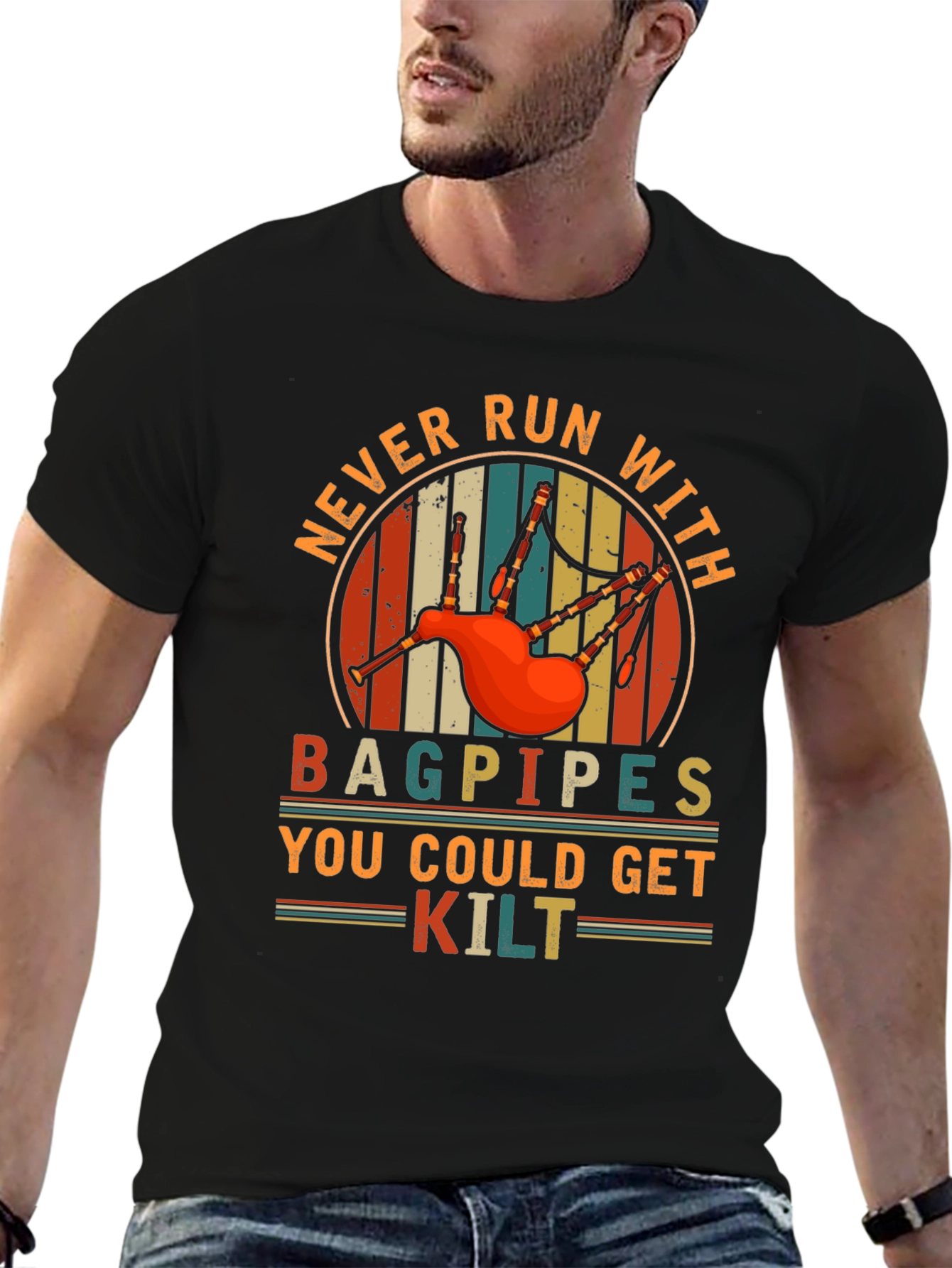 Never Run With Bagpipes Graphic Tee