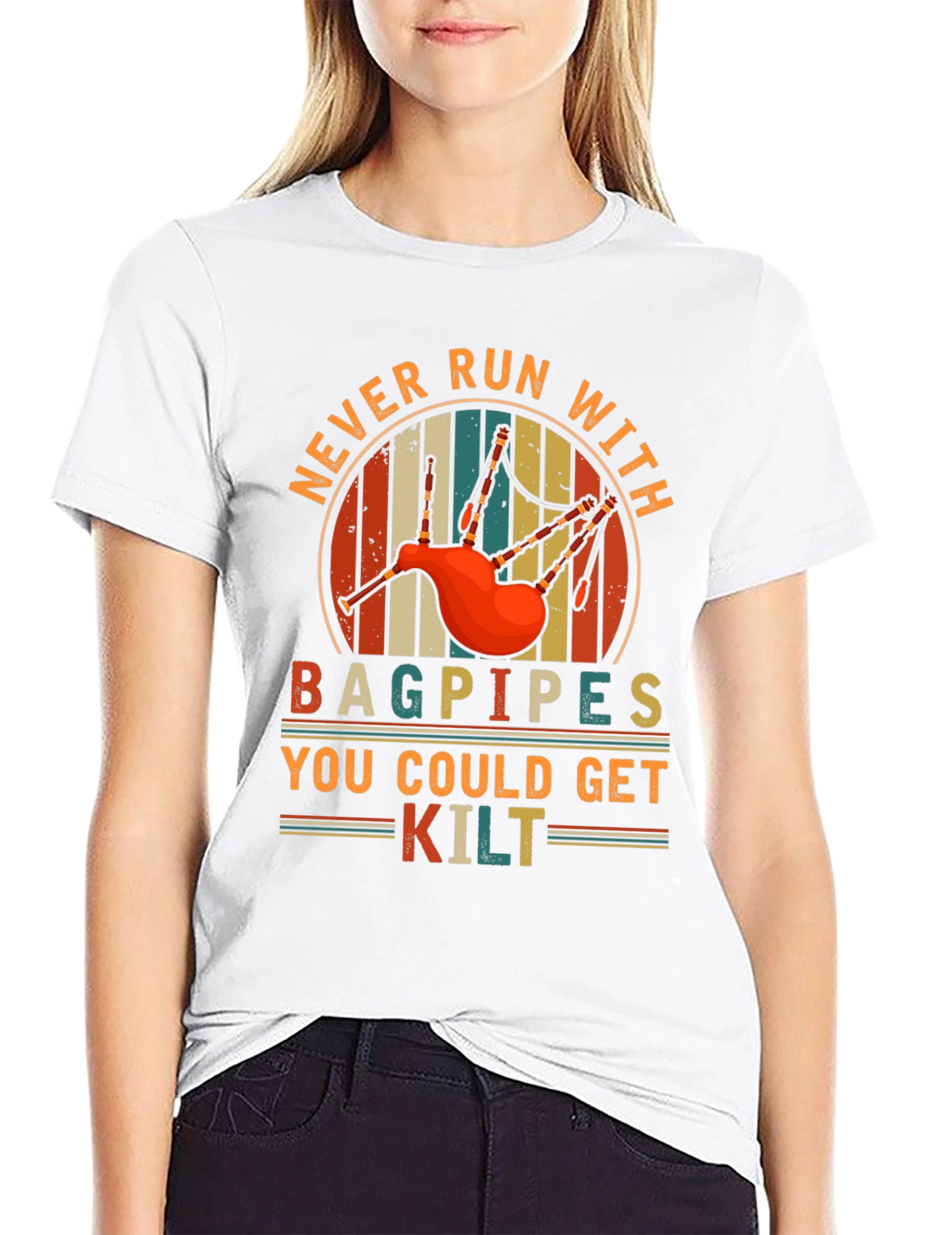 Never Run With Bagpipes Graphic Tee