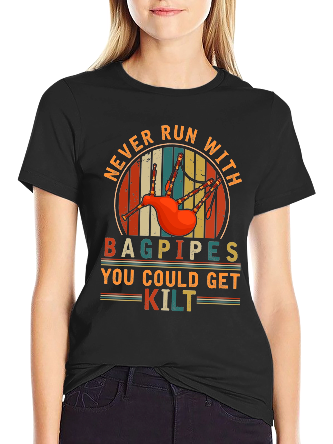 Never Run With Bagpipes Graphic Tee