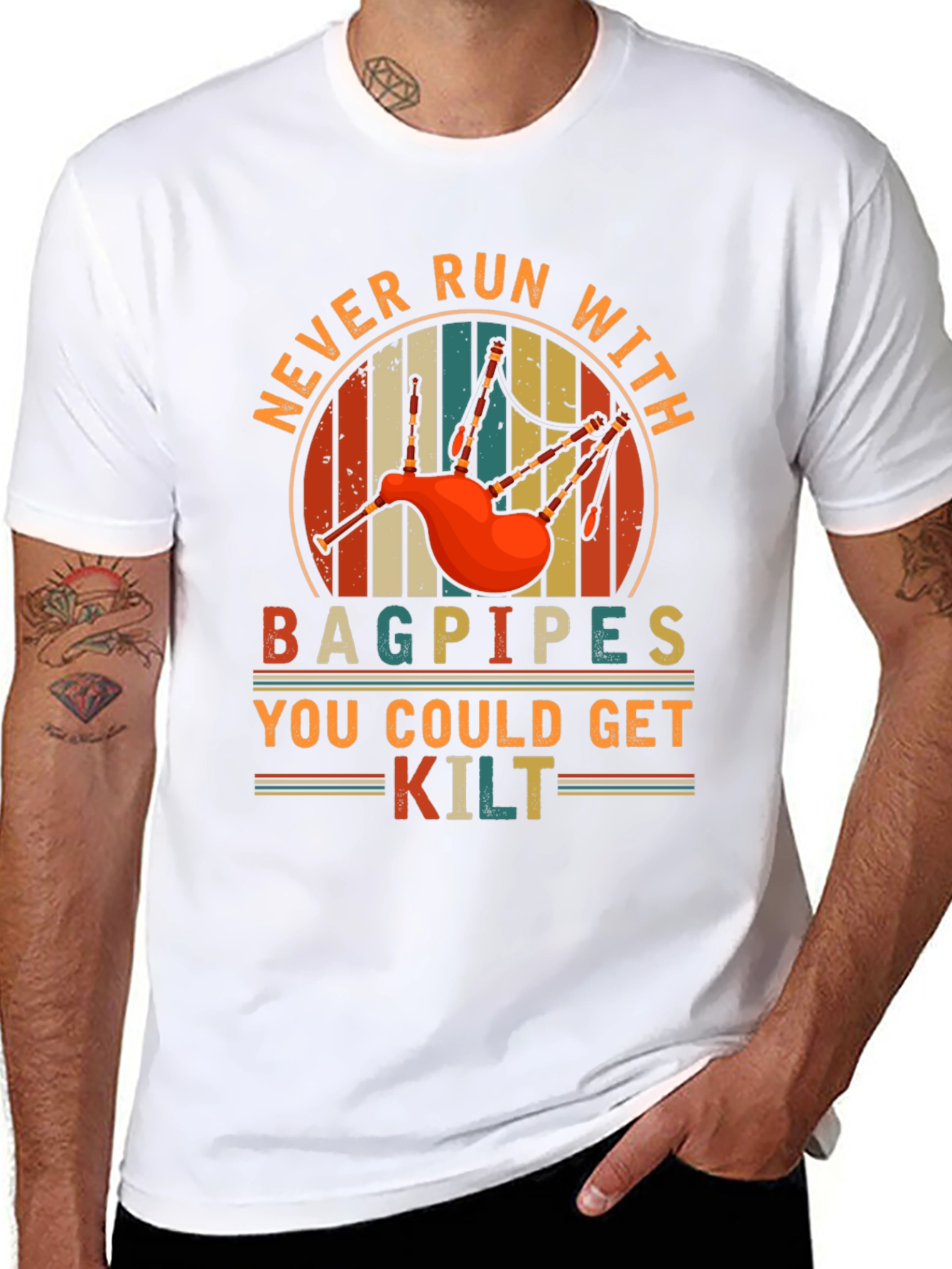 Never Run With Bagpipes Graphic Tee