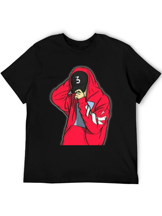 Black Tee with Red Hooded Figure Graphic