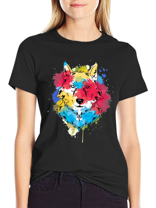Colorful Wolf Graphic Tee - Black Cotton Blend