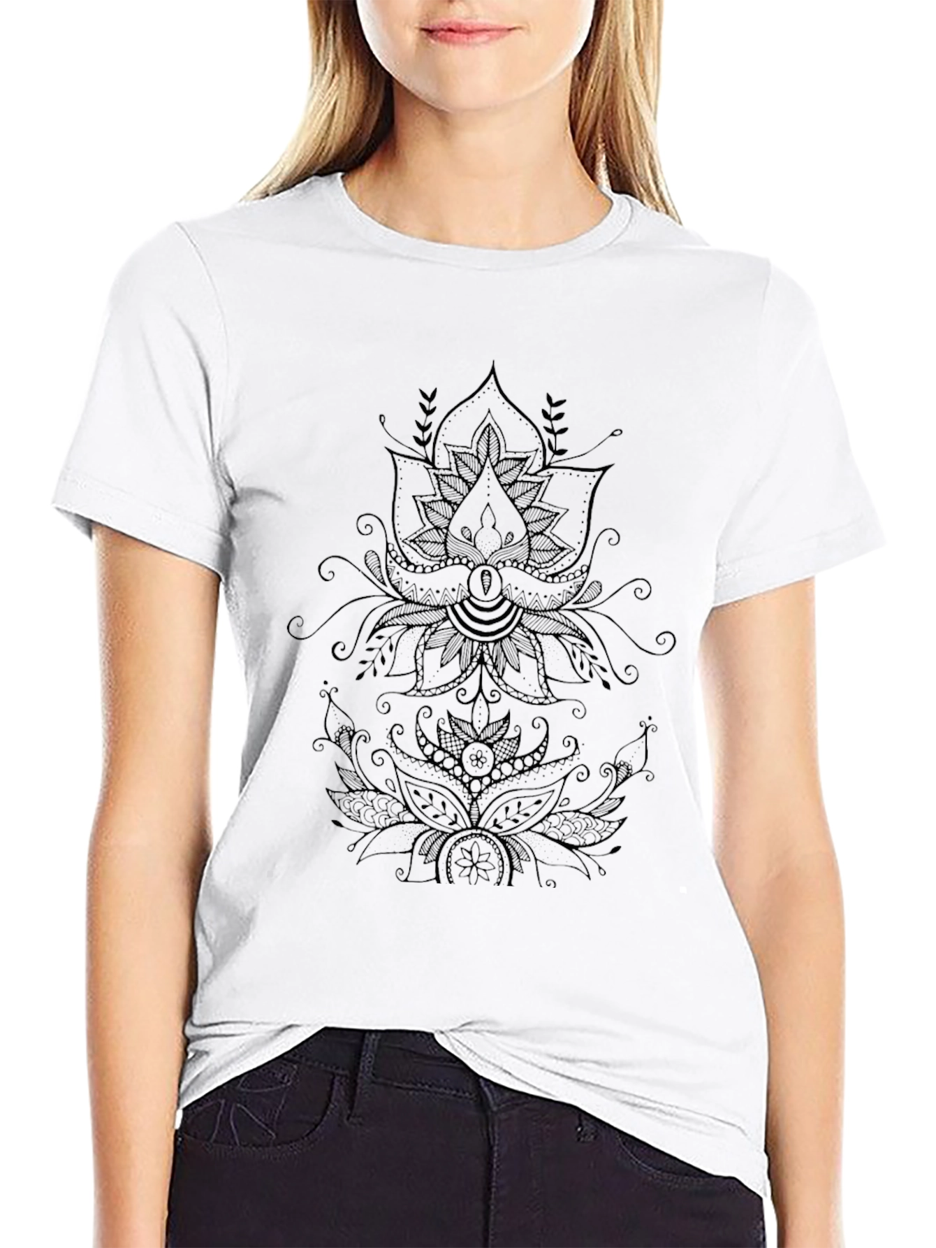 Black T-Shirt with Floral Mandala Design