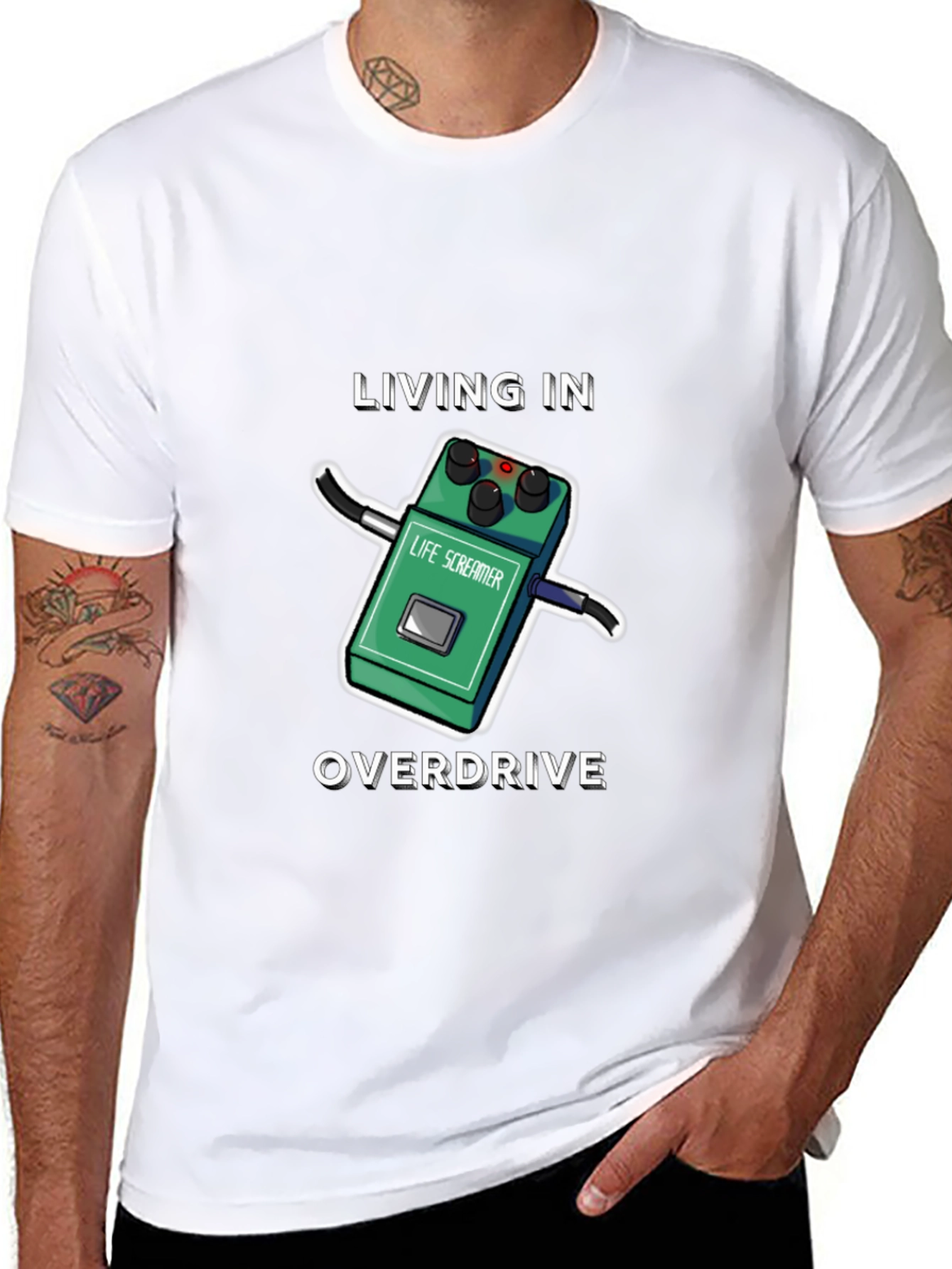Living In Overdrive T-Shirt | Funny Guitar Pedal Tee