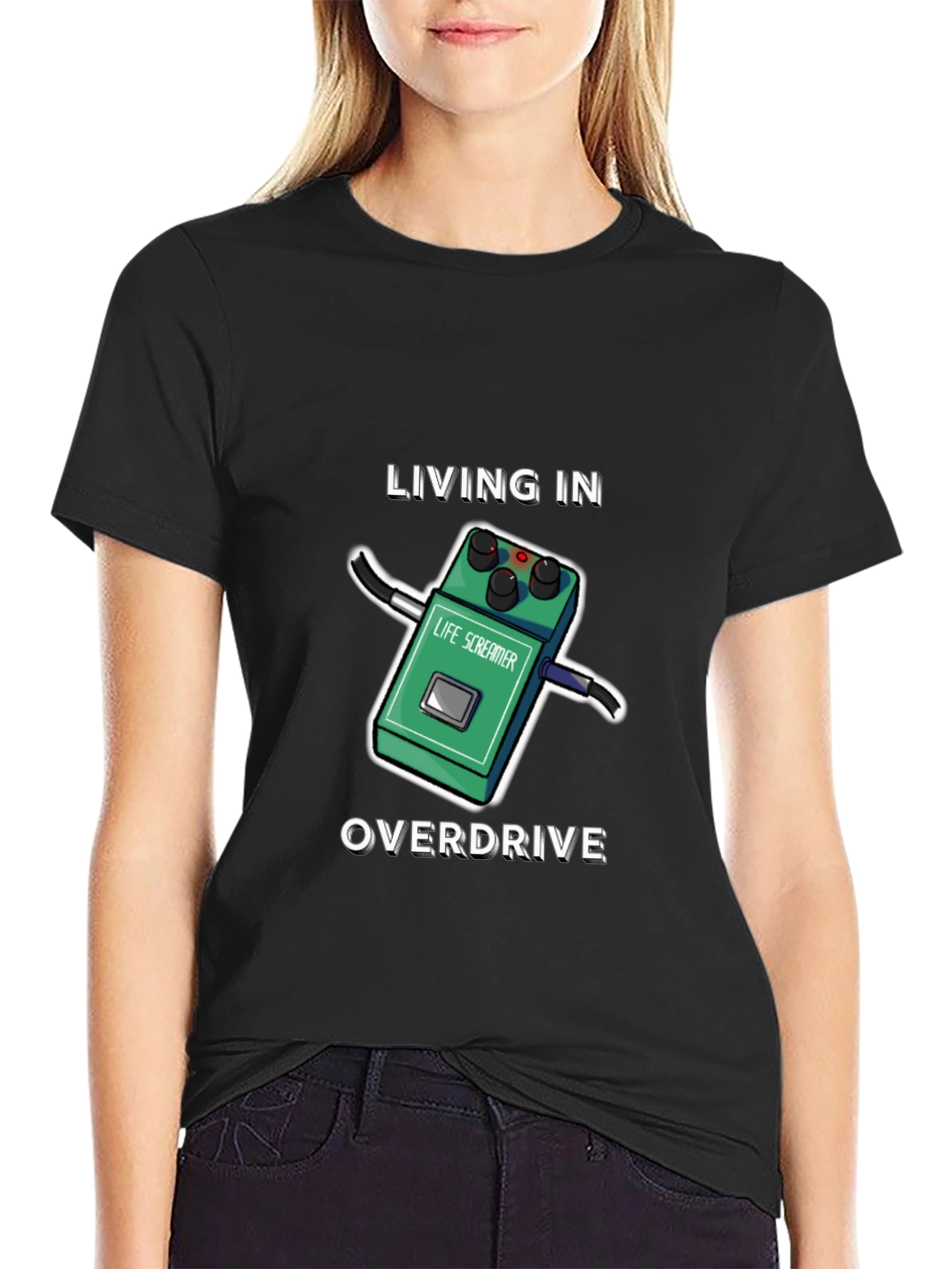 Living In Overdrive T-Shirt | Funny Guitar Pedal Tee