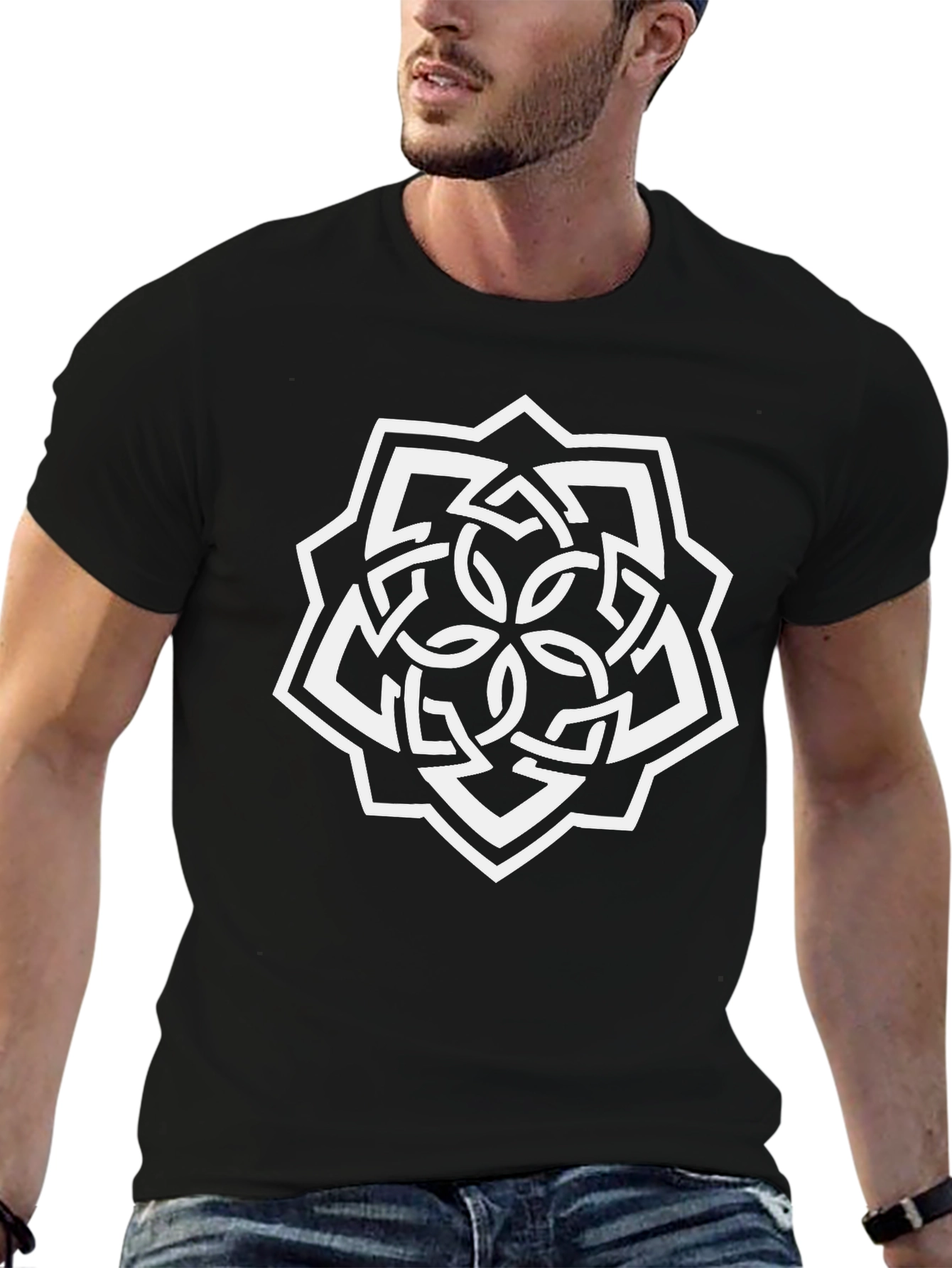 Mens Black T-Shirt with White Geometric Print