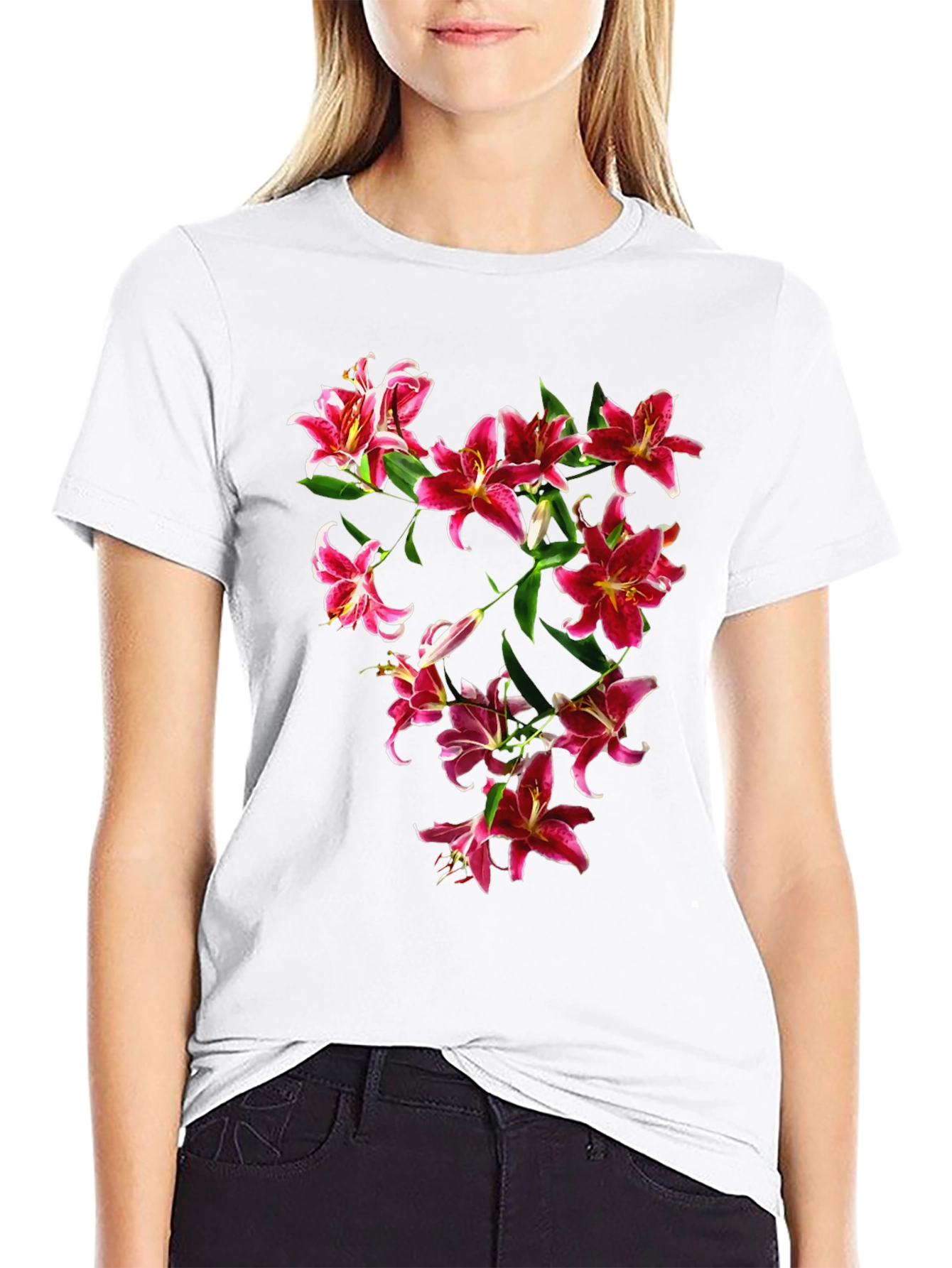Floral Lily Print Black T-Shirt