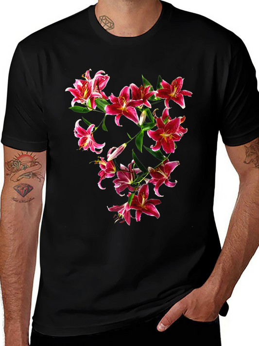 Floral Lily Print Black T-Shirt