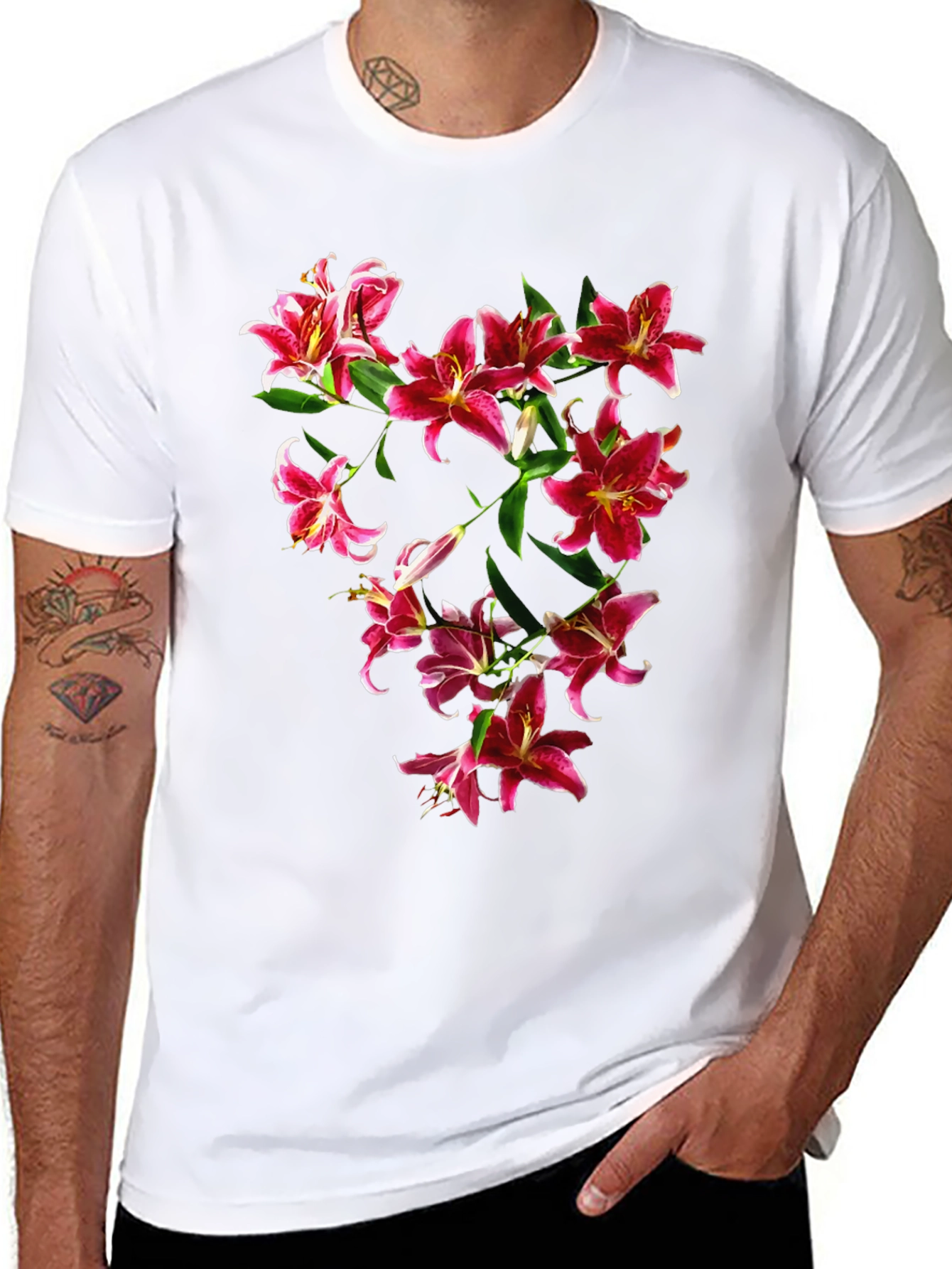 Floral Lily Print Black T-Shirt
