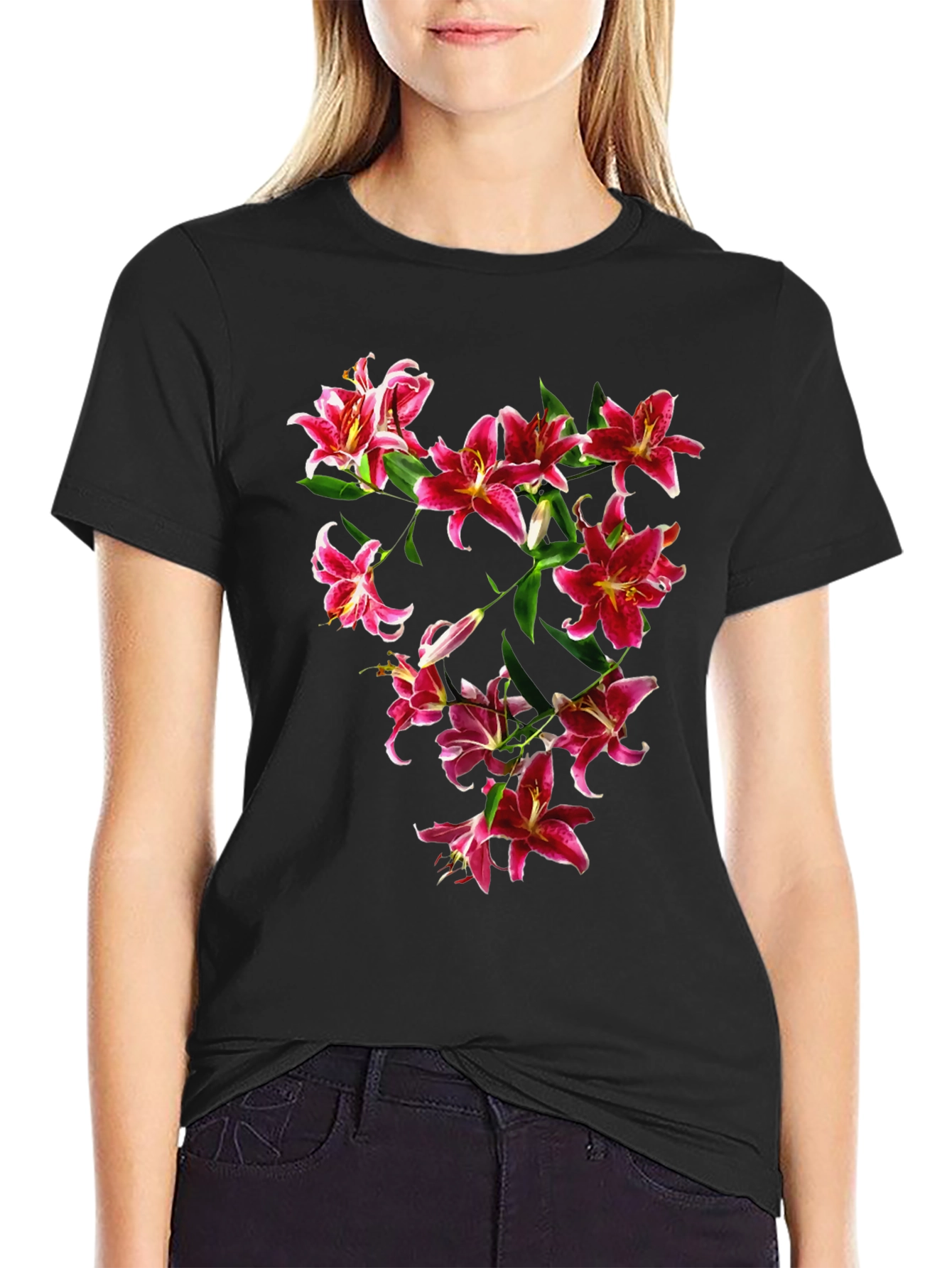 Floral Lily Print Black T-Shirt