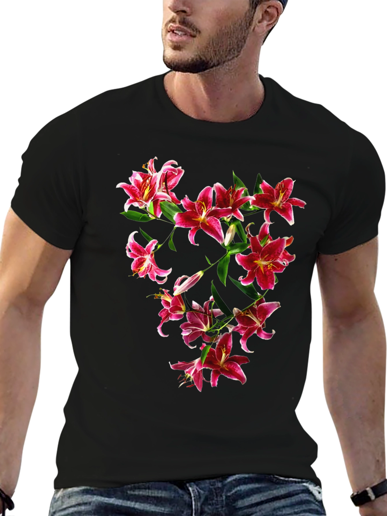 Floral Lily Print Black T-Shirt