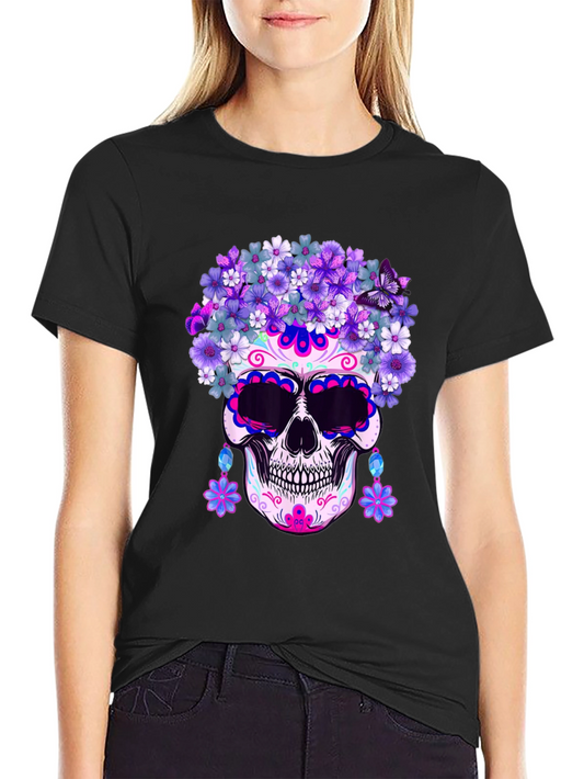 Floral Sugar Skull Graphic Tee - Dia de los Muertos Shirt