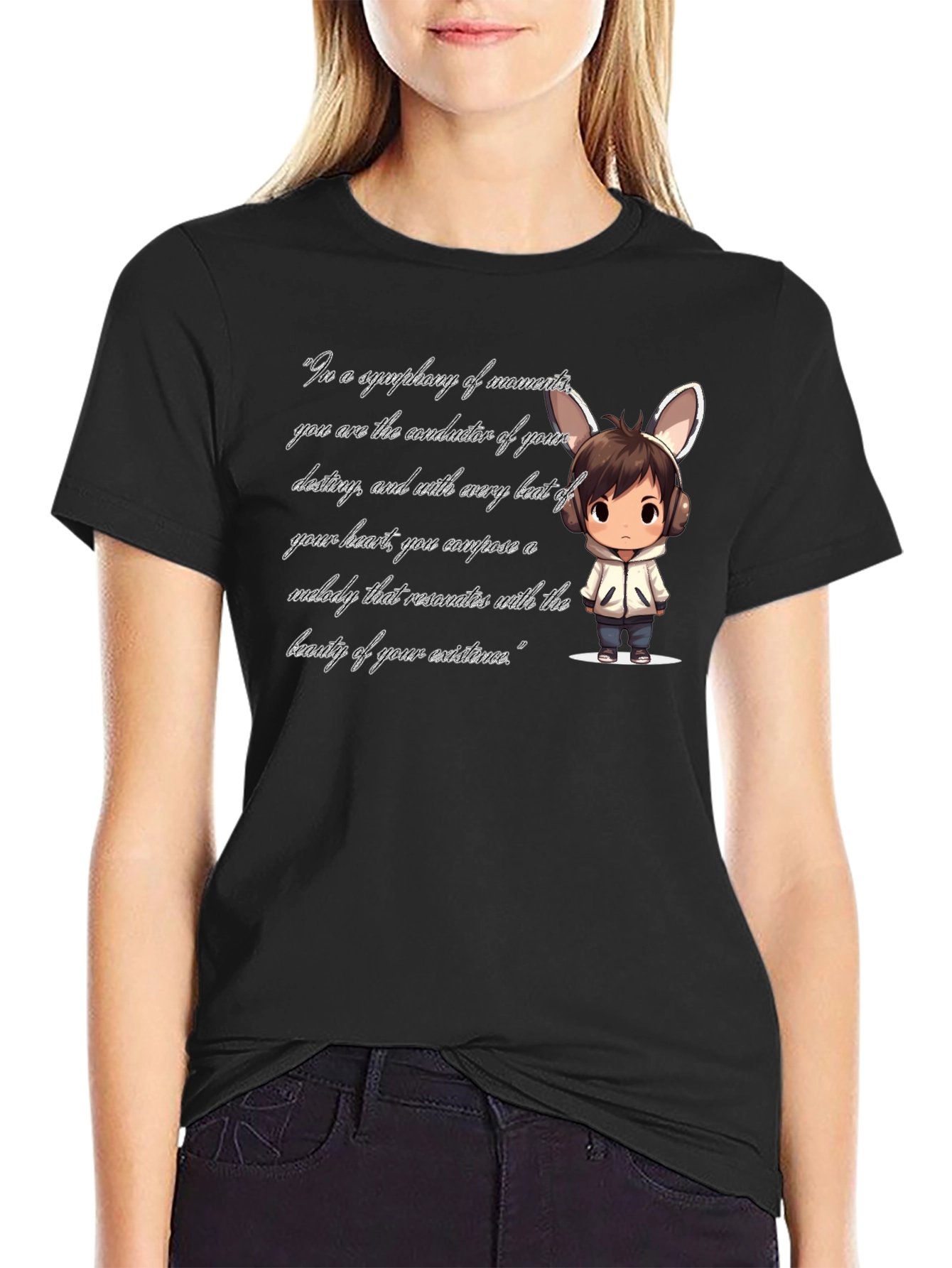 Black T-Shirt with Cartoon and Quote