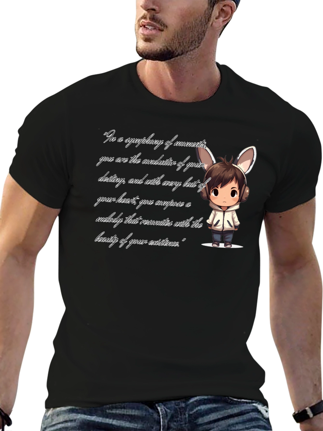 Black T-Shirt with Cartoon and Quote