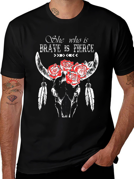 Brave & Fierce Bull Skull Graphic T-Shirt