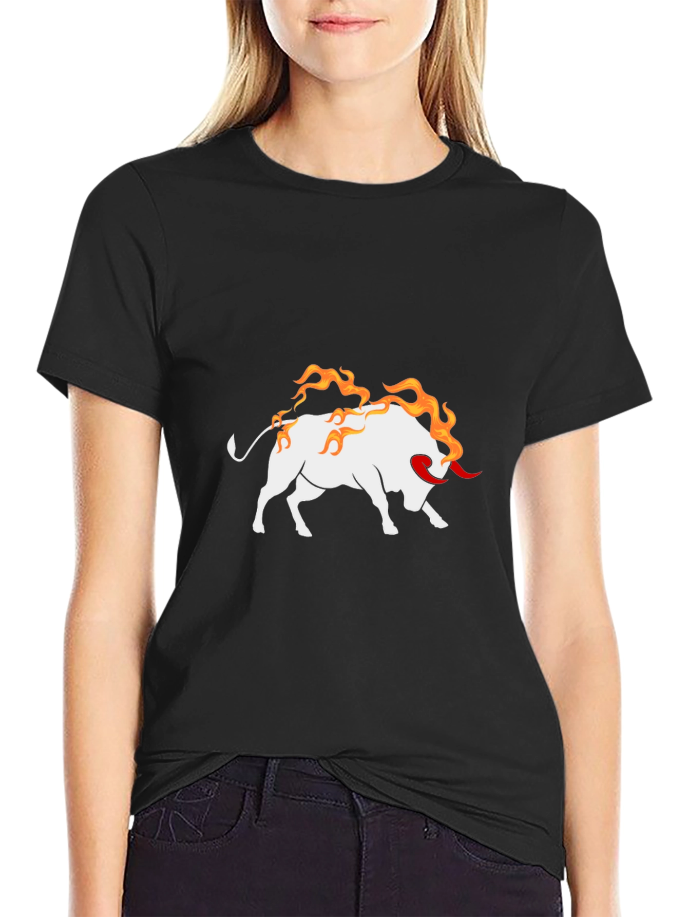 Black Tee with Fiery Bull Graphic