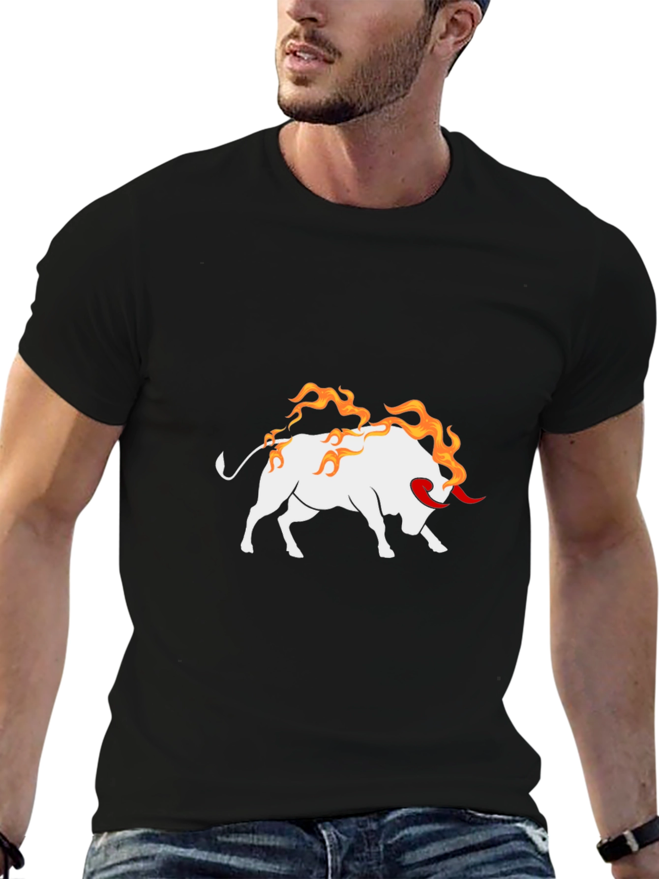 Black Tee with Fiery Bull Graphic
