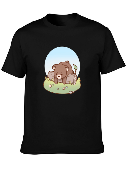 Cute Bear on Log Graphic Tee - Soft Black Cotton