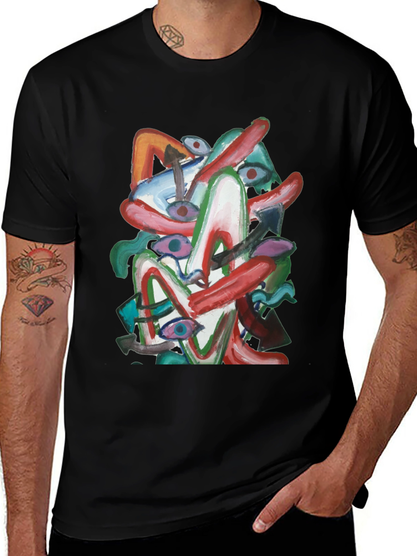 Abstract Art Graphic Tee - Black Cotton Shirt