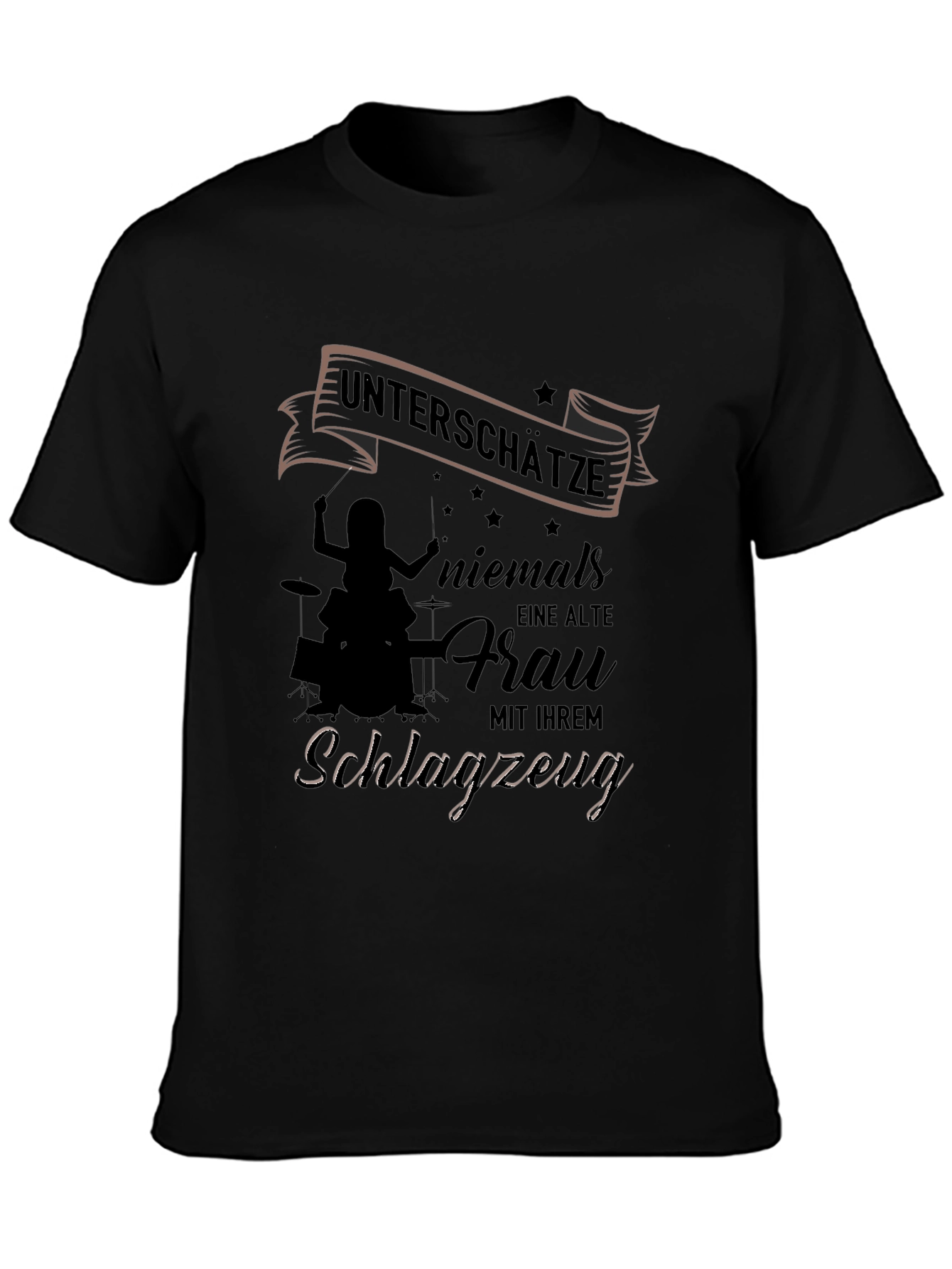 Old Lady Drummer Black T-Shirt - Never Underestimate!