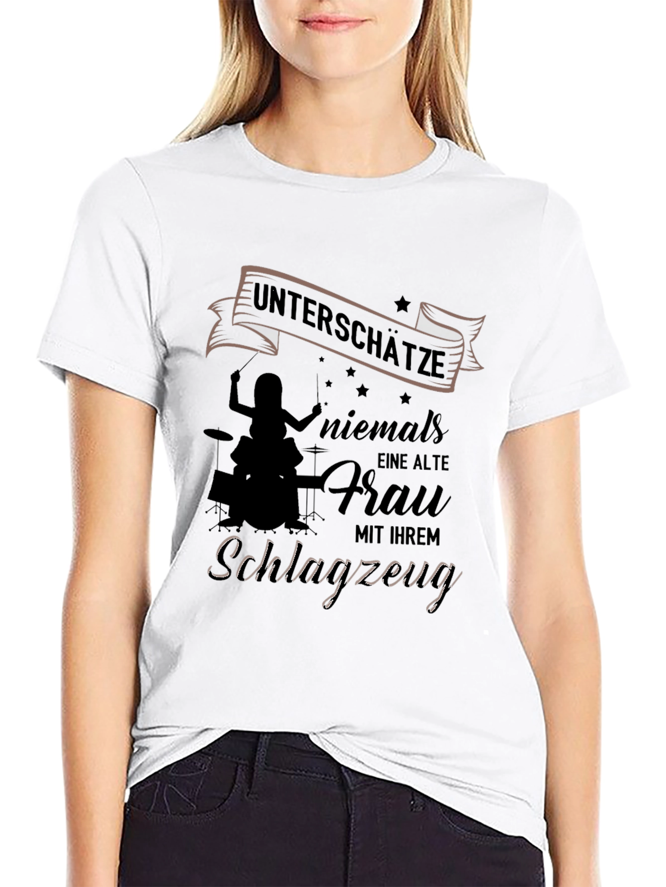 Old Lady Drummer Black T-Shirt - Never Underestimate!