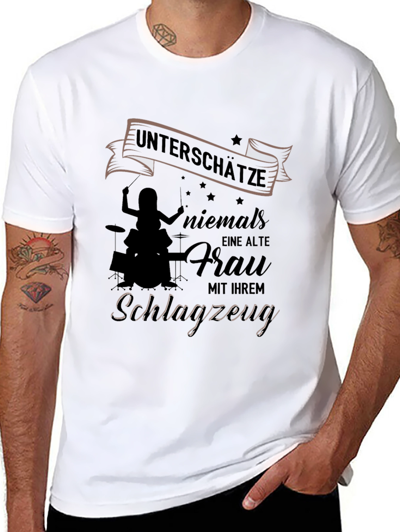 Old Lady Drummer Black T-Shirt - Never Underestimate!