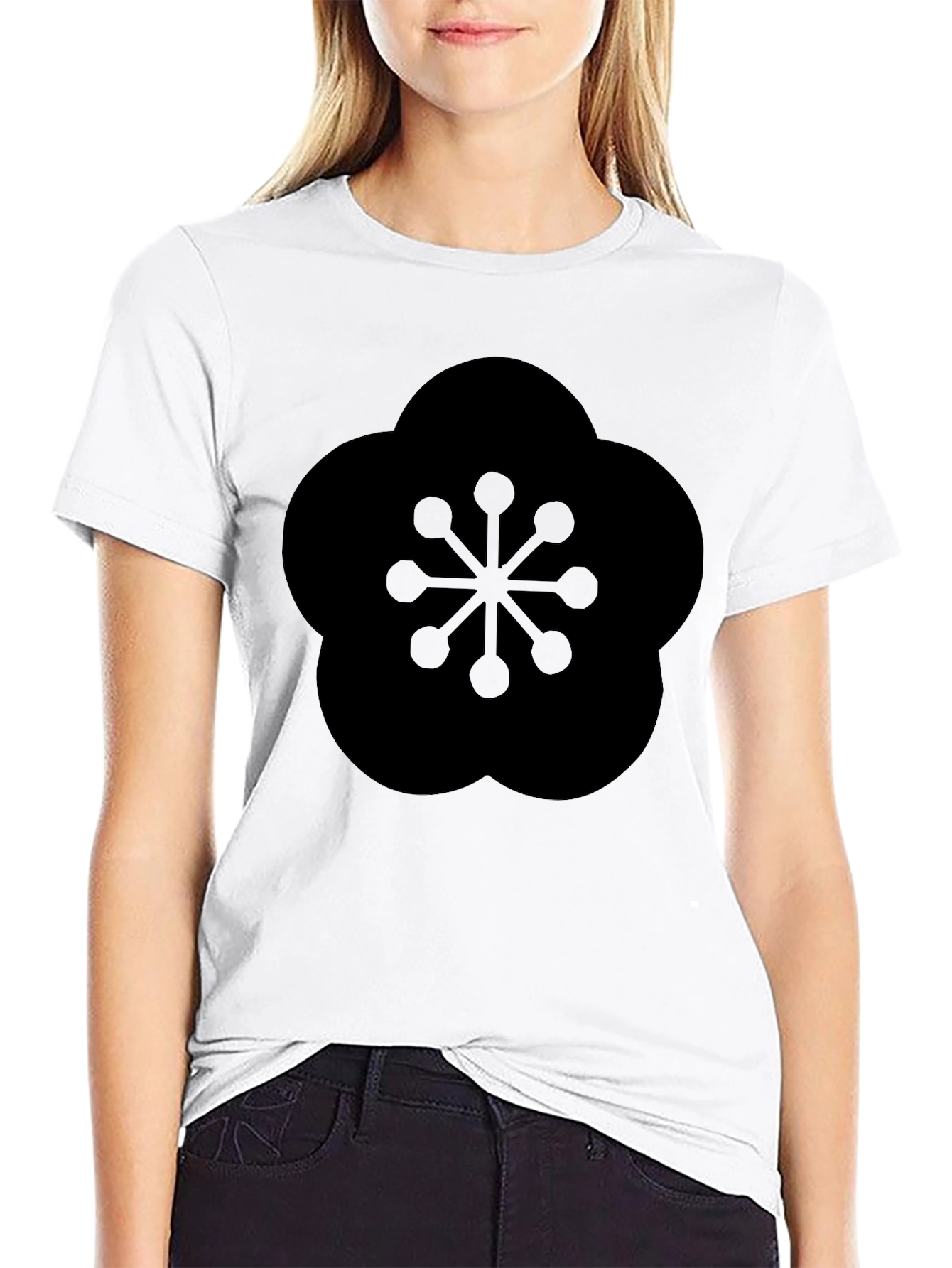 Black T-Shirt with Geometric Plum Blossom Design