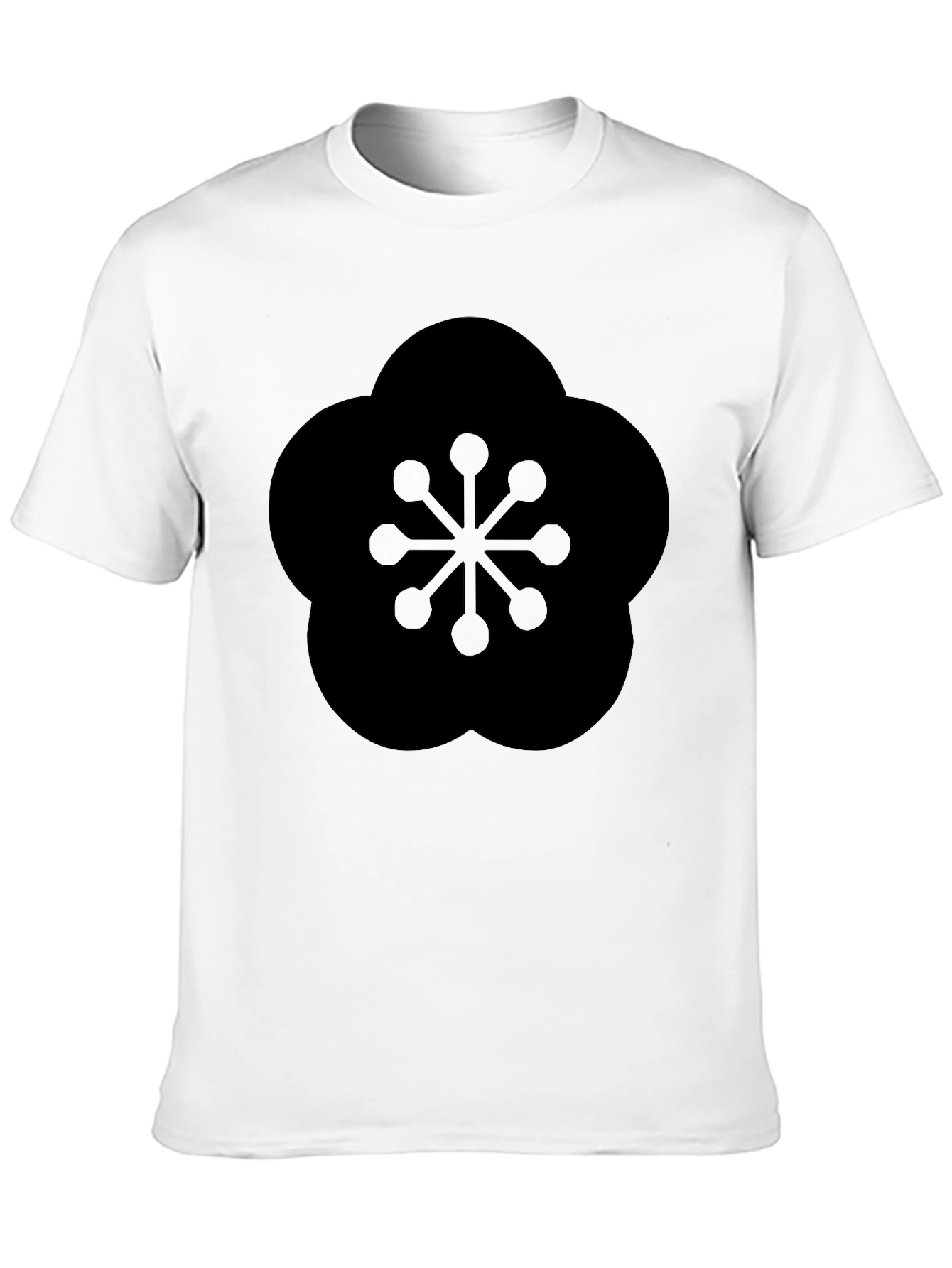 Black T-Shirt with Geometric Plum Blossom Design