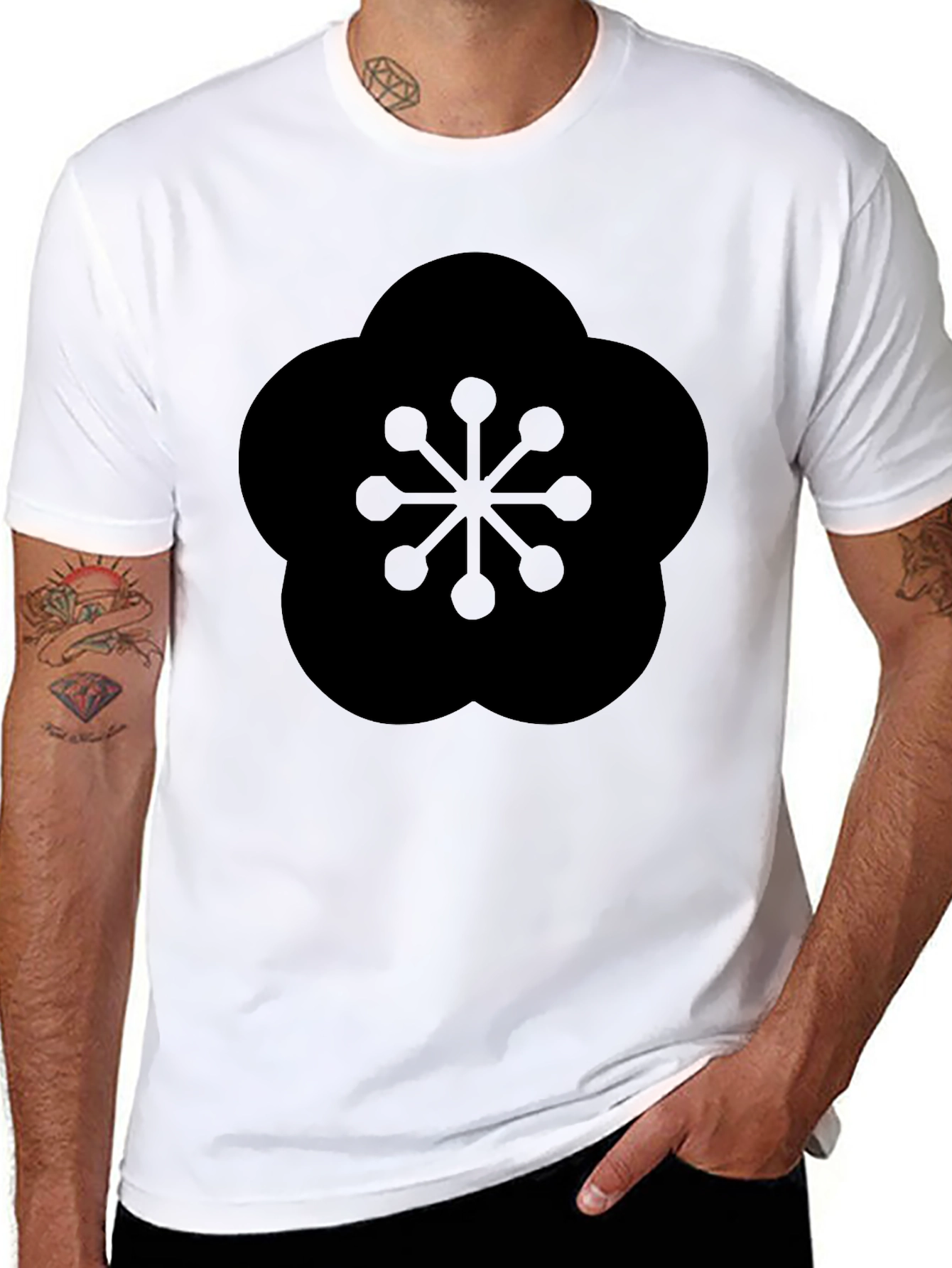 Black T-Shirt with Geometric Plum Blossom Design