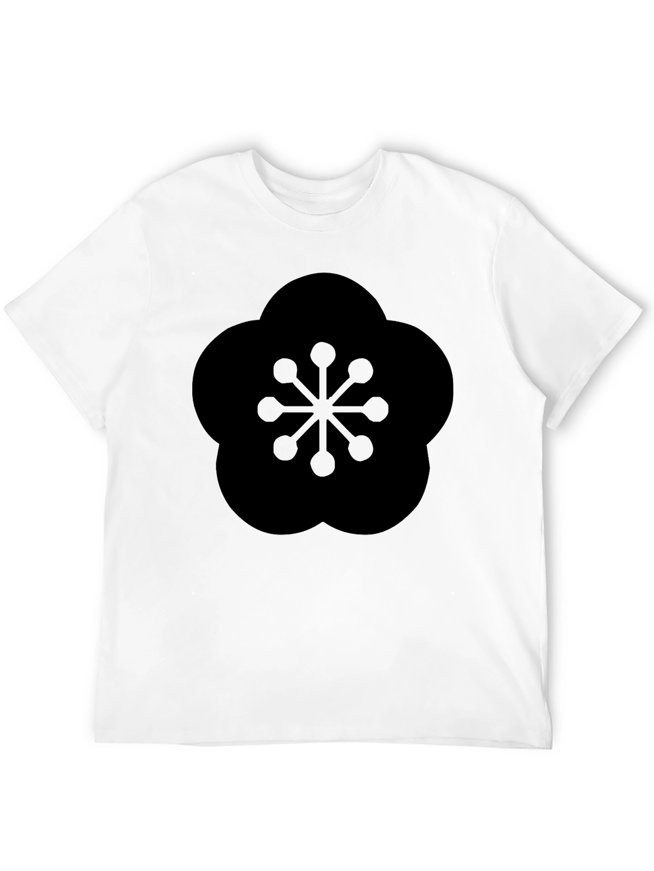 Black T-Shirt with Geometric Plum Blossom Design
