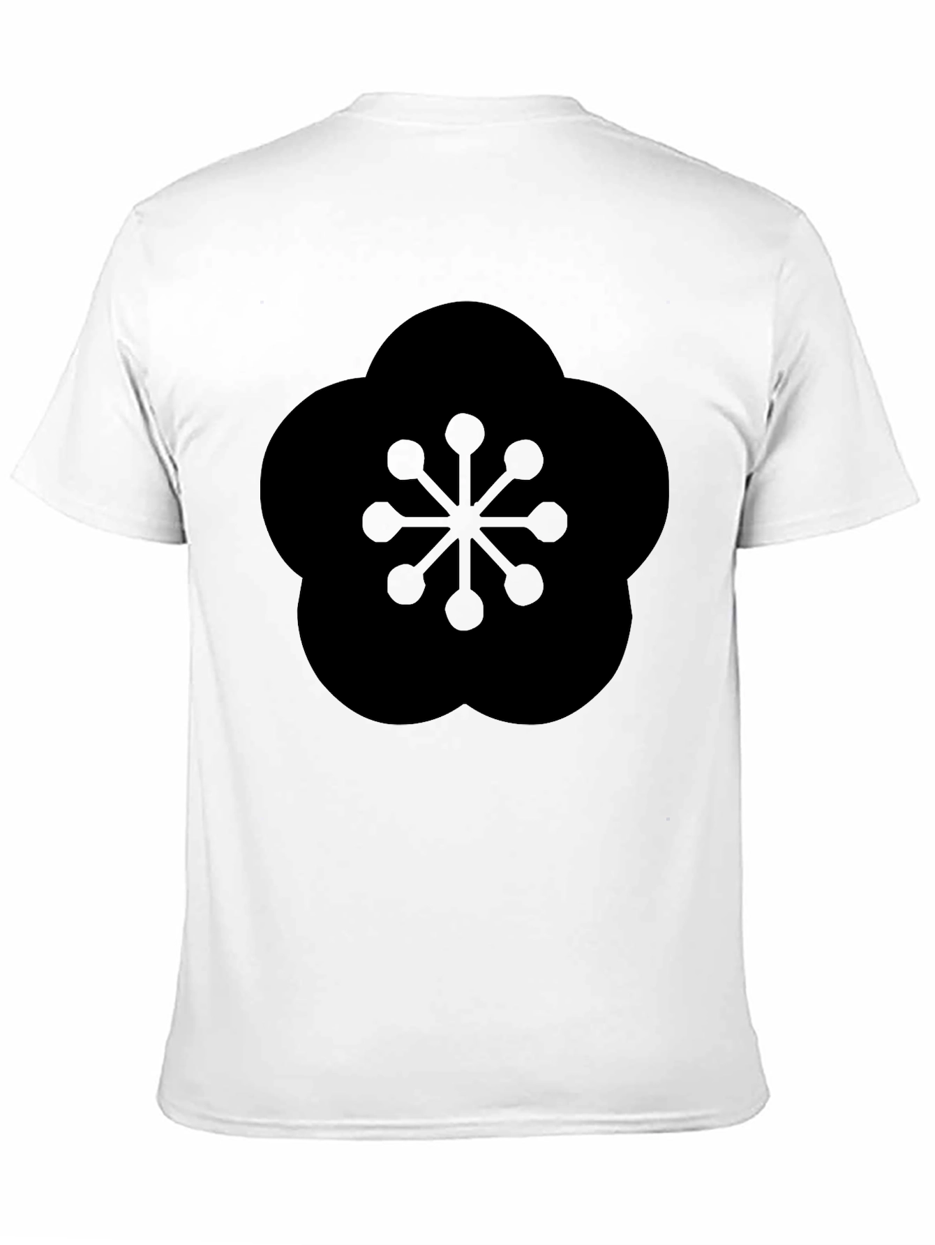 Black T-Shirt with Geometric Plum Blossom Design
