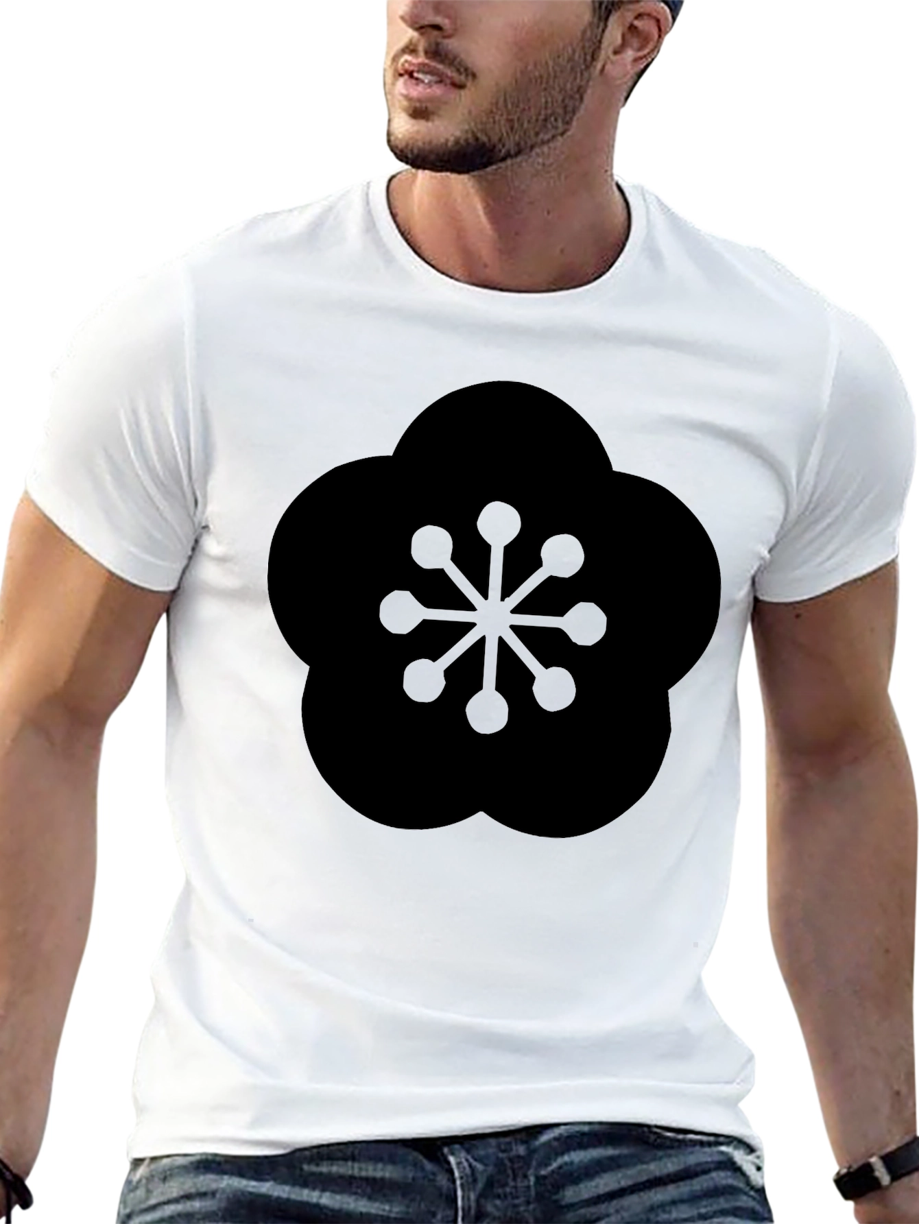 Black T-Shirt with Geometric Plum Blossom Design
