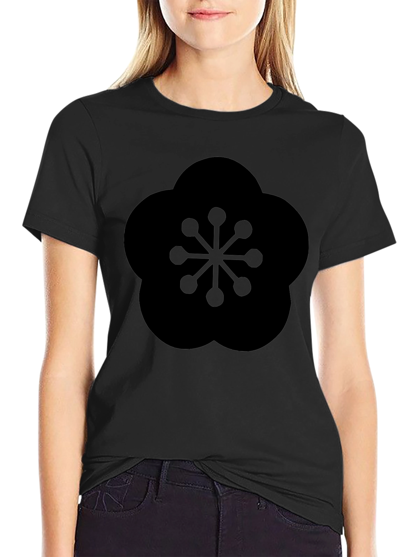 Black T-Shirt with Geometric Plum Blossom Design