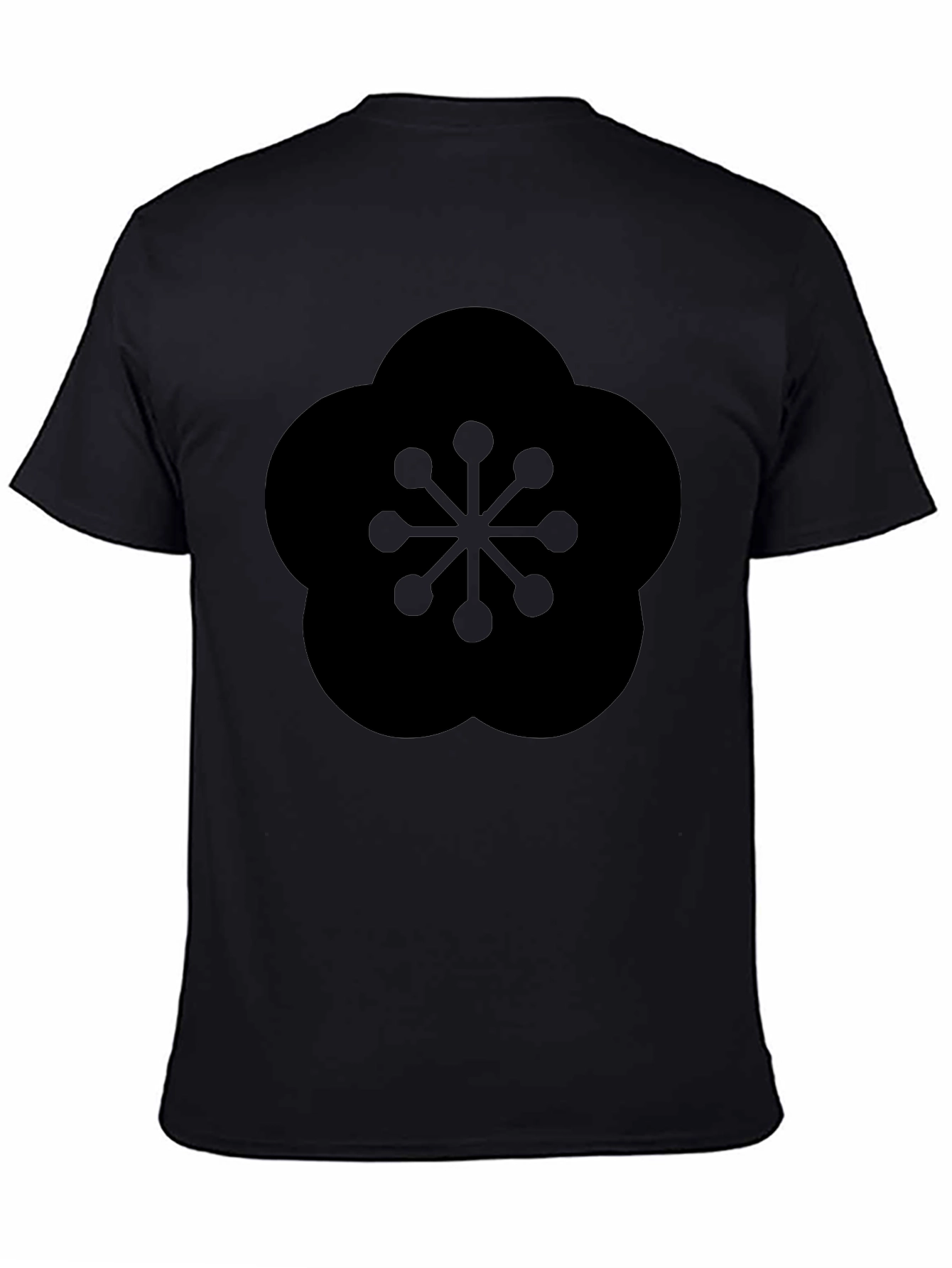 Black T-Shirt with Geometric Plum Blossom Design
