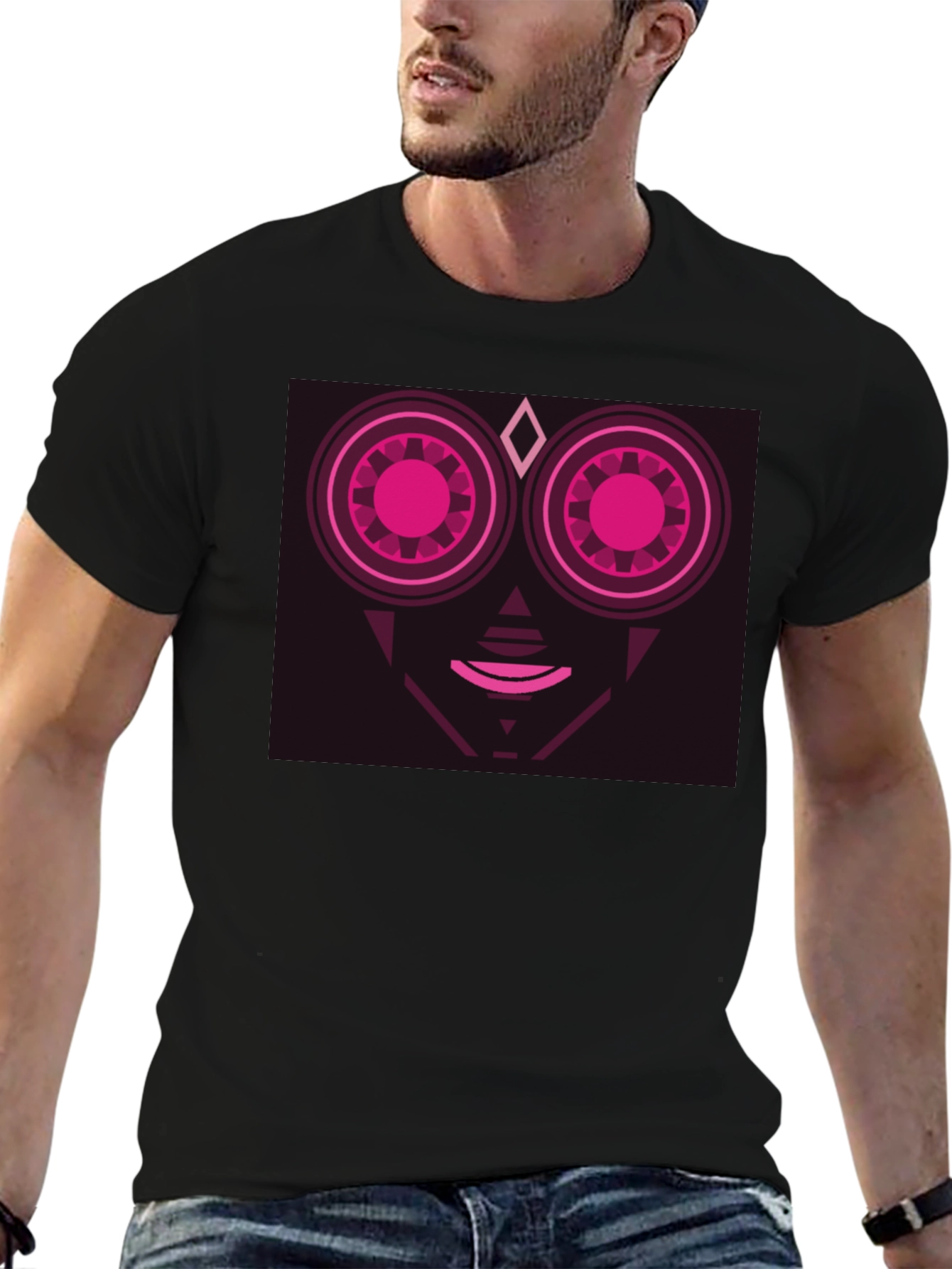 Geometric Robot Face Black T-Shirt